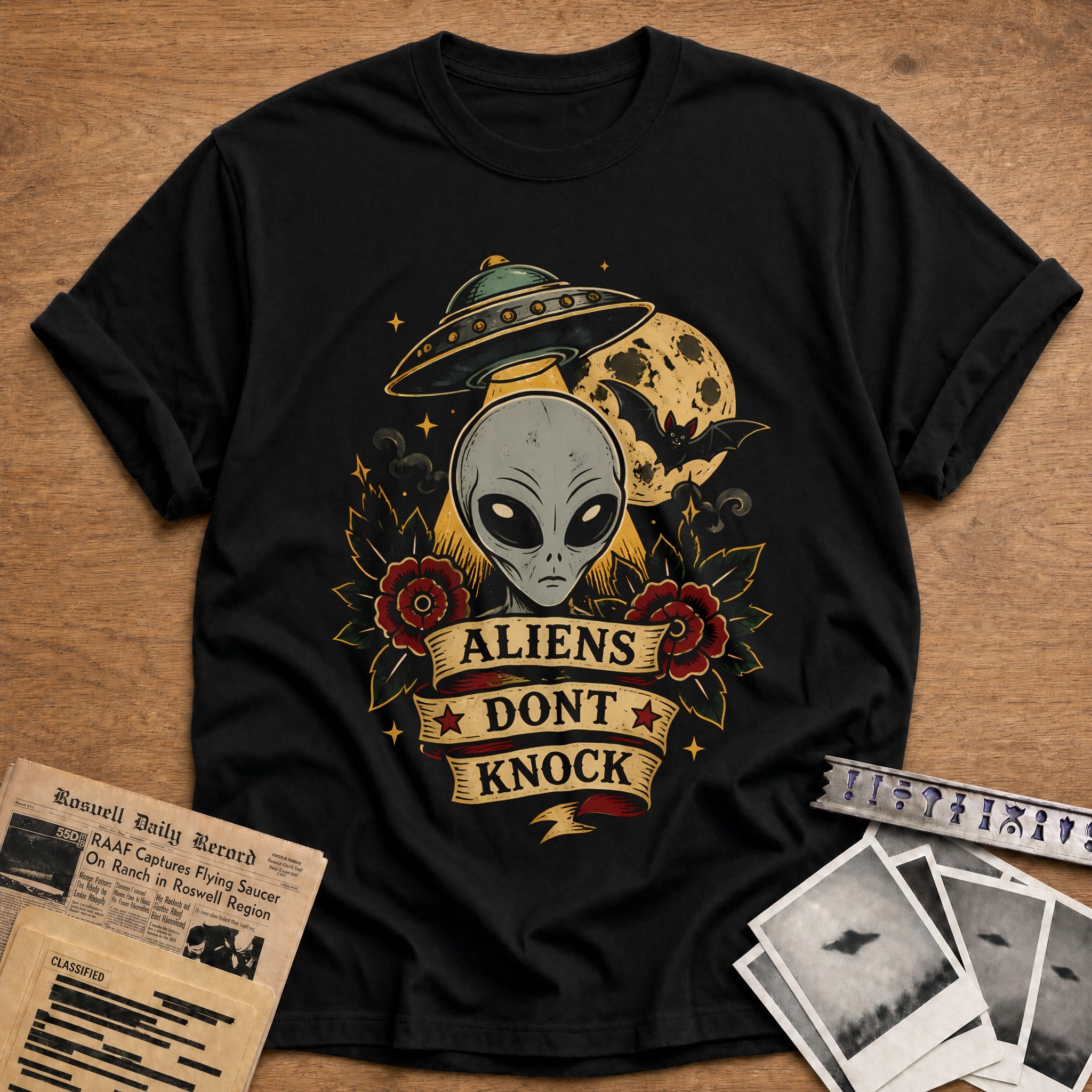 Aliens Dont Knock Tattoo 48 T-Shirt - Black