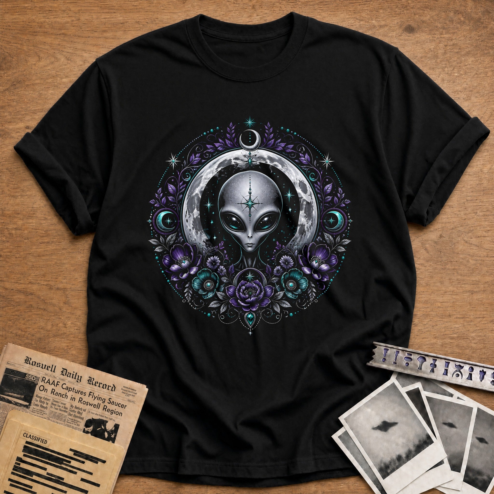 Celestial Alien Moon Purple 79 T-Shirt - Black