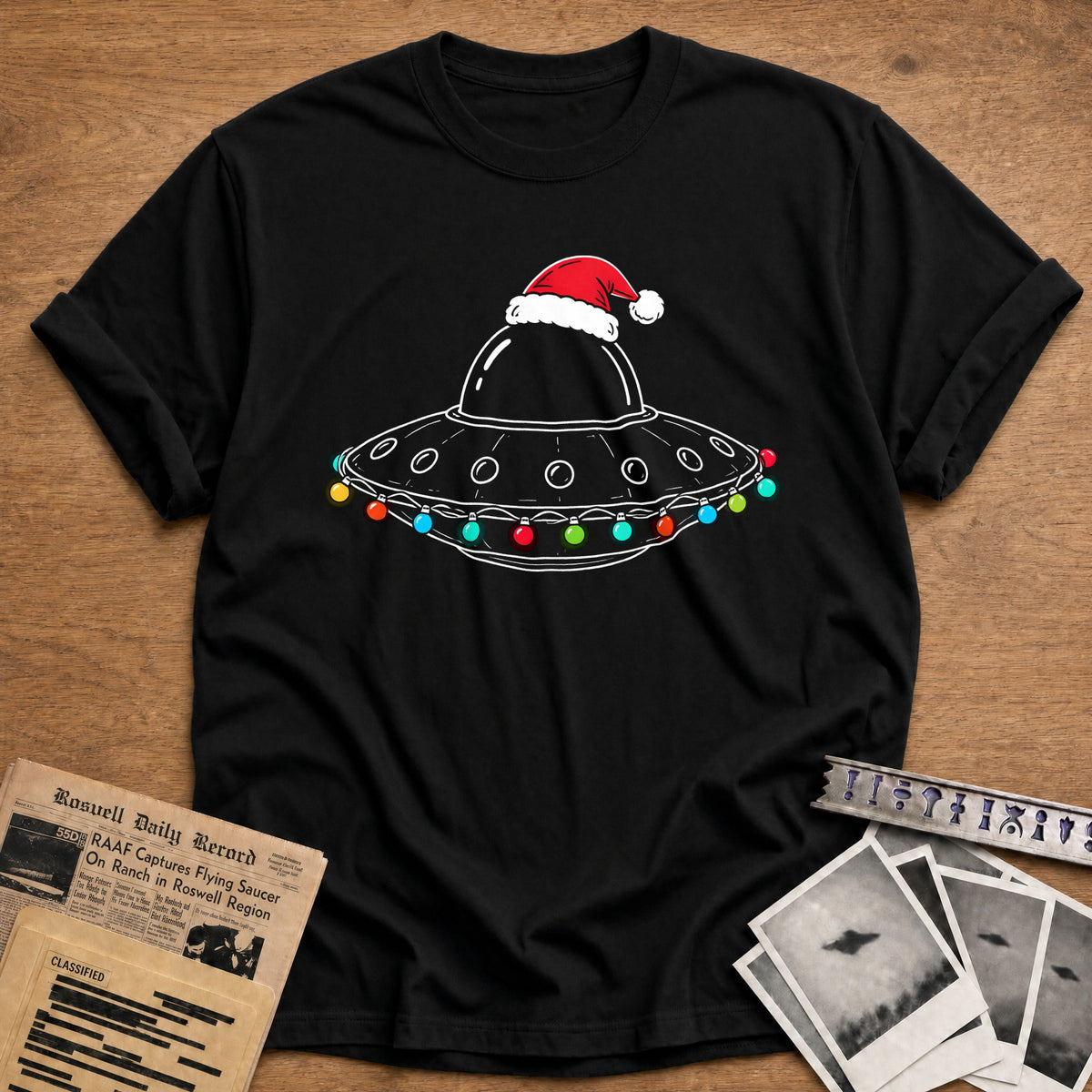 Flying Saucer UFO Christmas Lights 93 T-Shirt - Black
