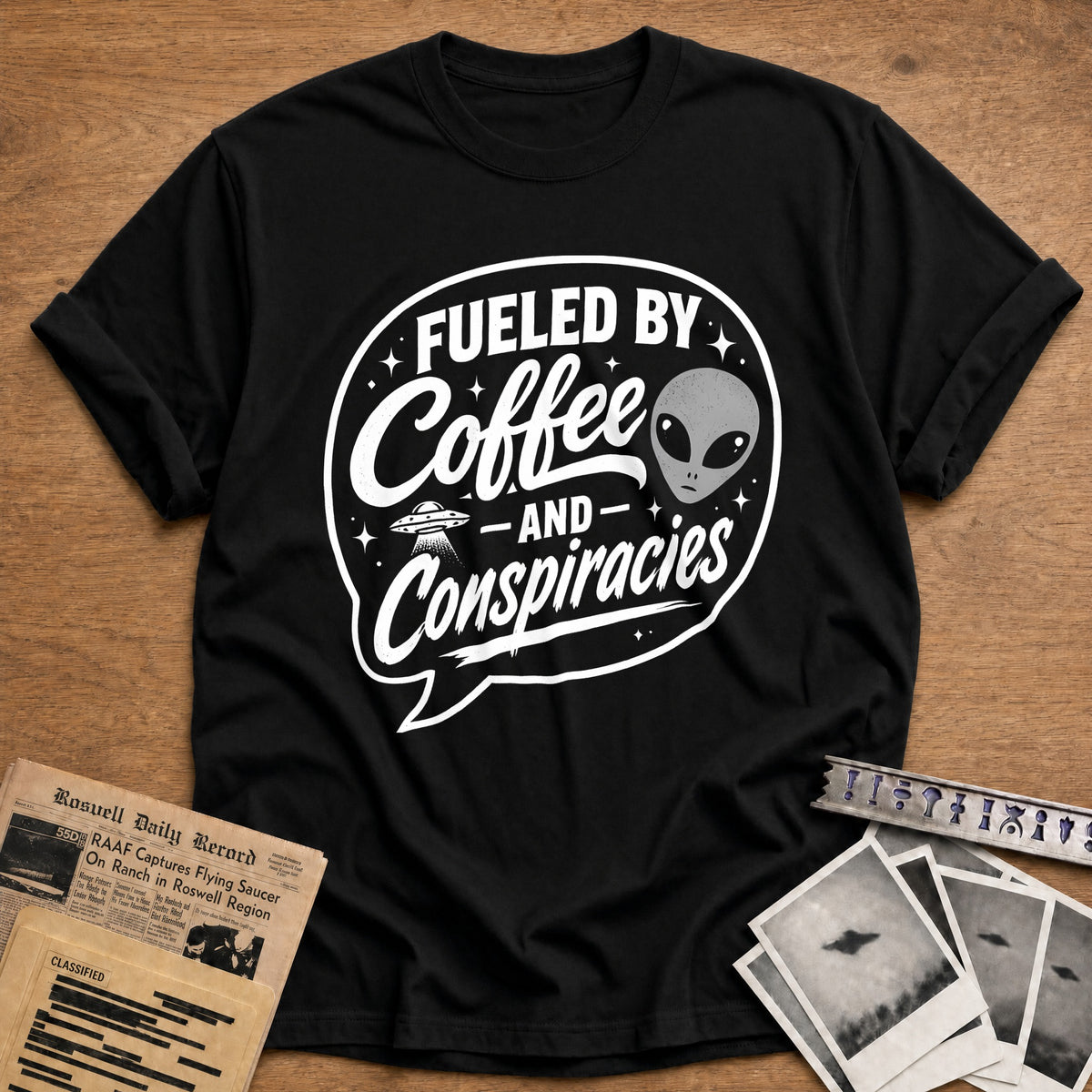 Fueled By Coffee And Conspiracies 35 T-Shirt - Black