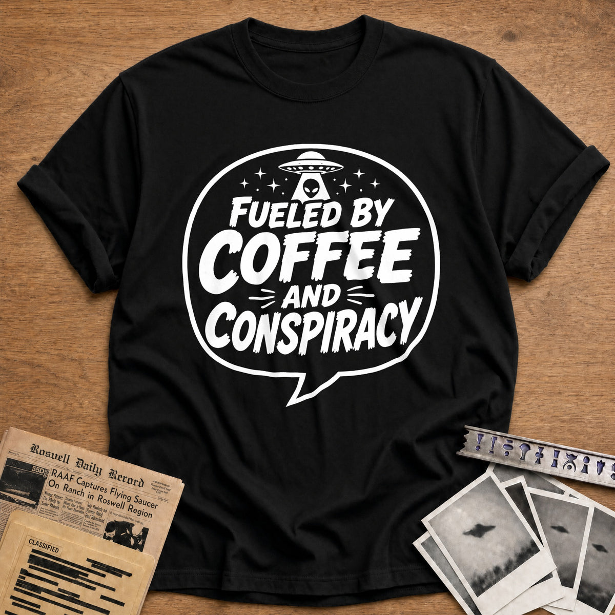 Fueled By Coffee And Conspiracy 10 T-Shirt - Black