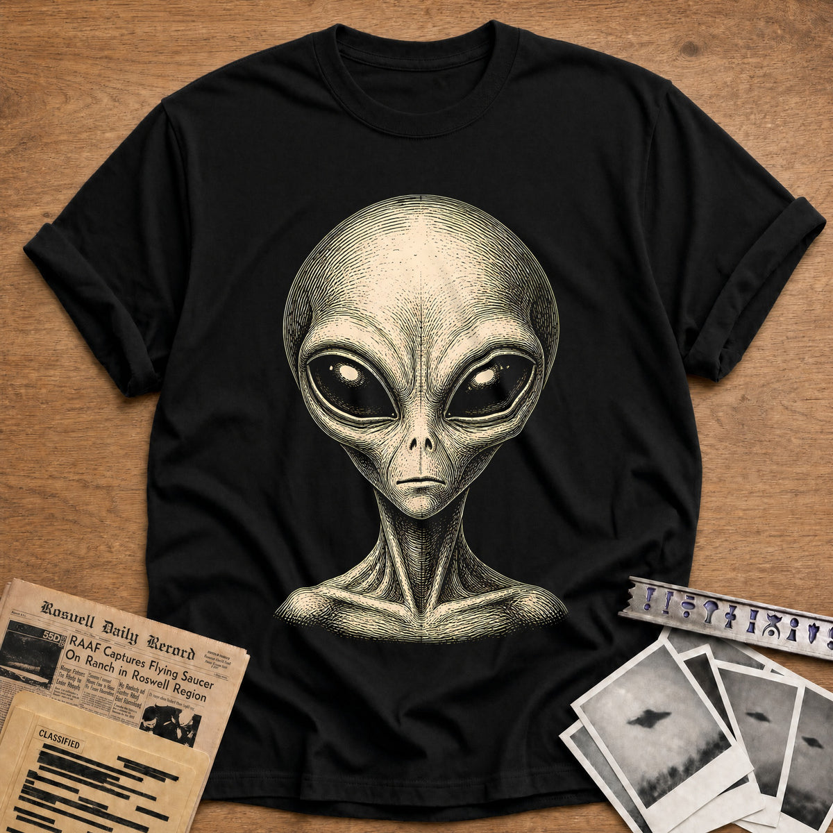 Grey Alien Woodcut 35 T-Shirt - Black