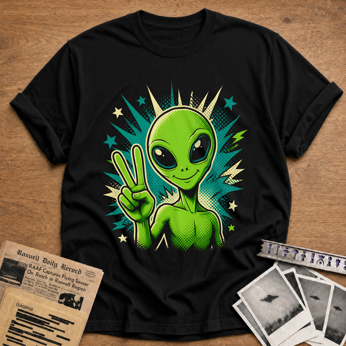 Peace Sign Alien Pop Art 50 T-Shirt - Black