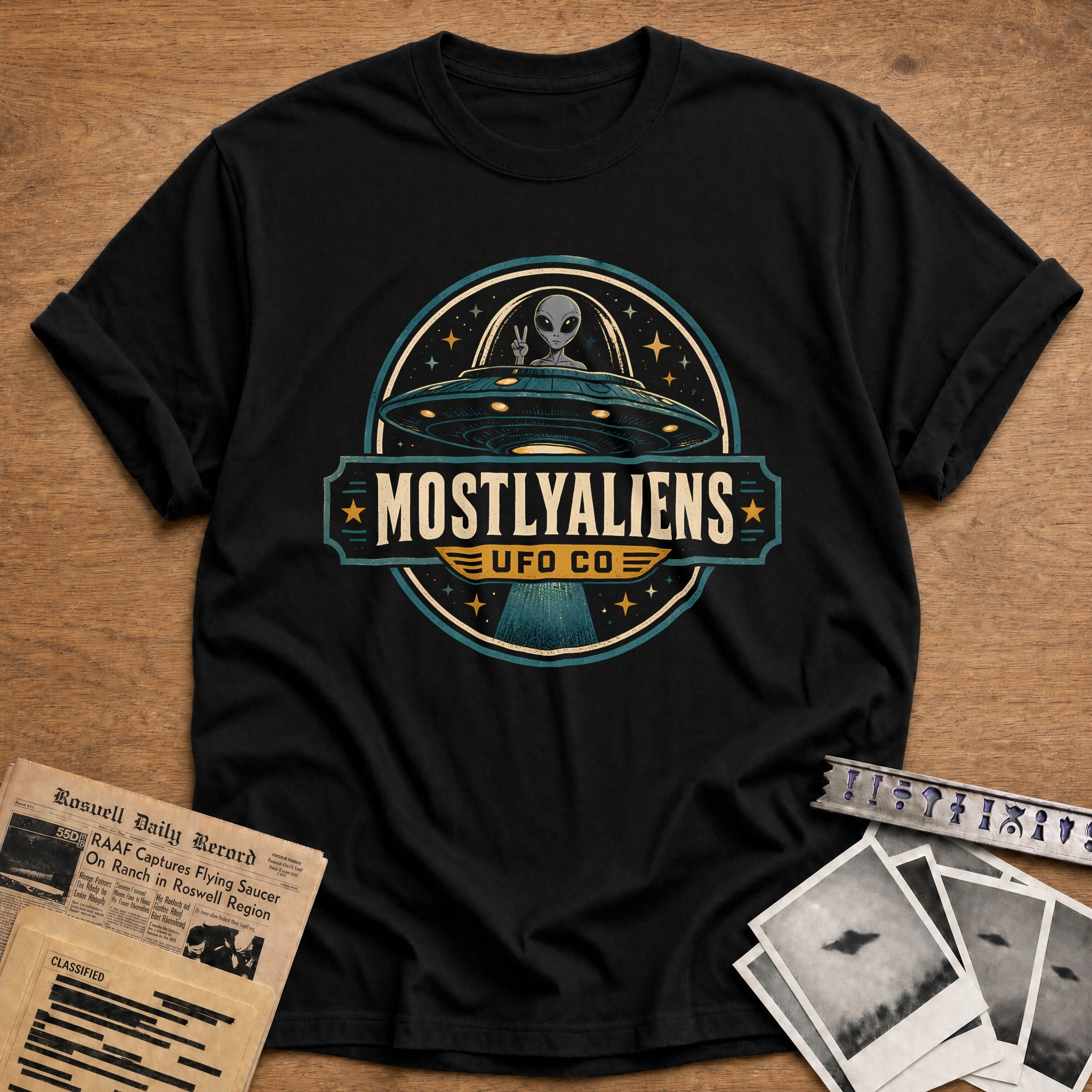 Retro Ufo Badge Teal 21 T-Shirt - Black