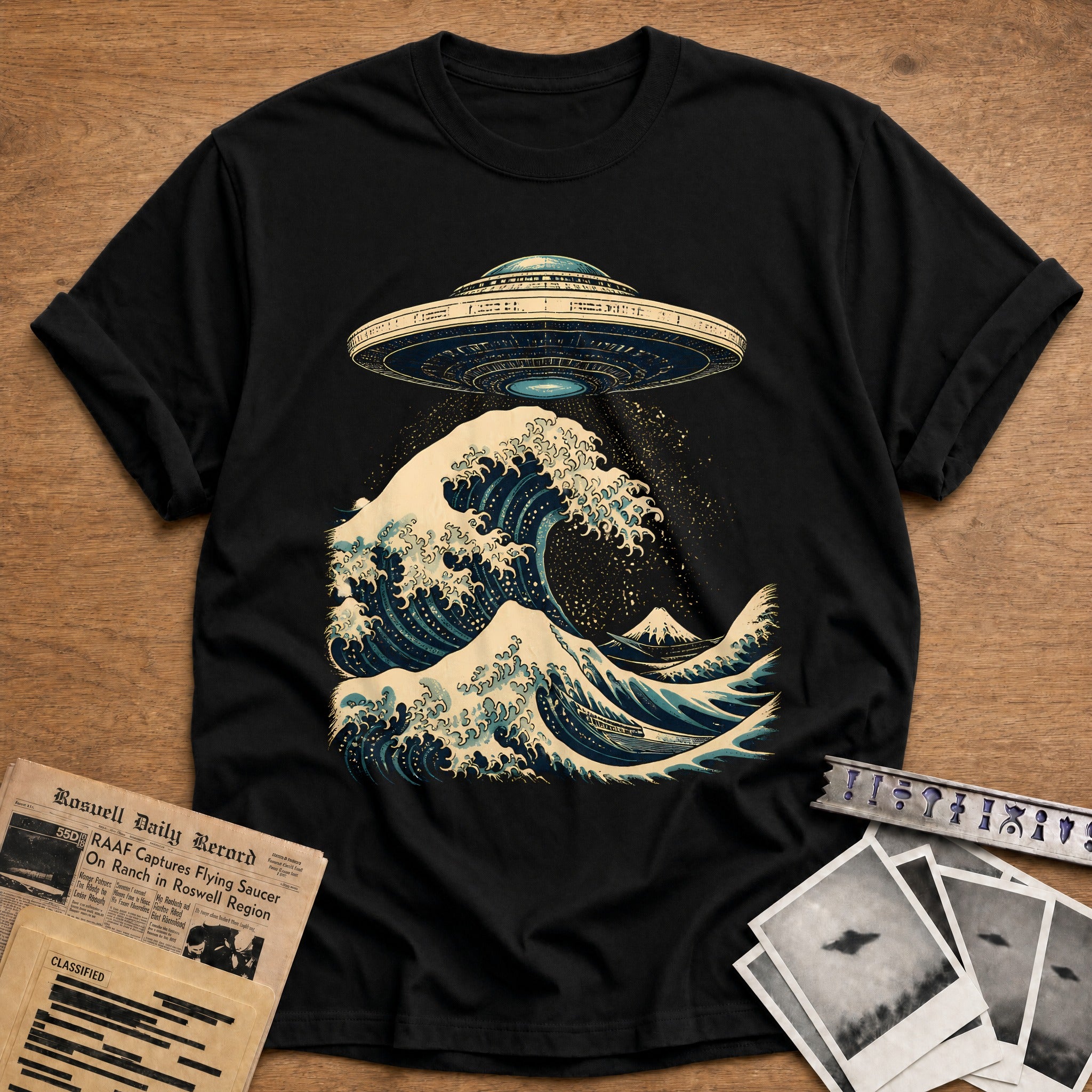 UFO Great Wave Ukiyoe 84 T-Shirt - Black