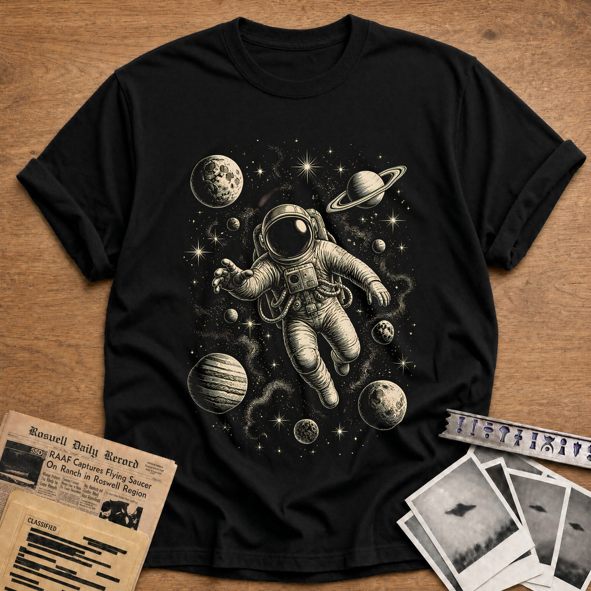Woodcut Astronaut 26 T-Shirt - Black