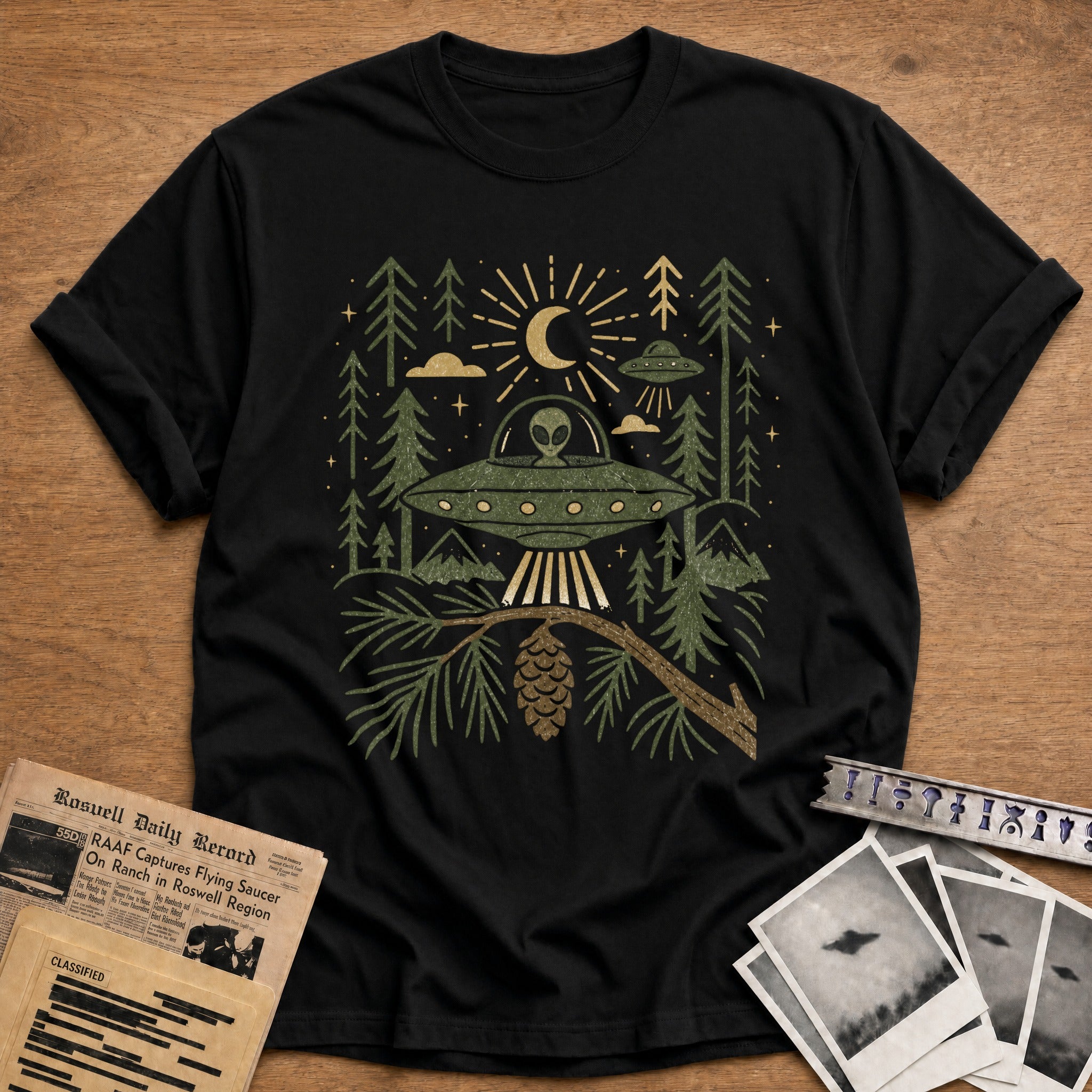 alien ufo forest vintage - Black