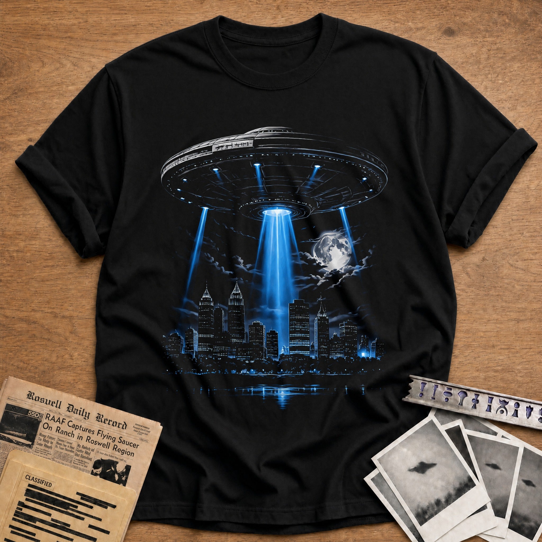 ufo abduction city skyline funny - Black