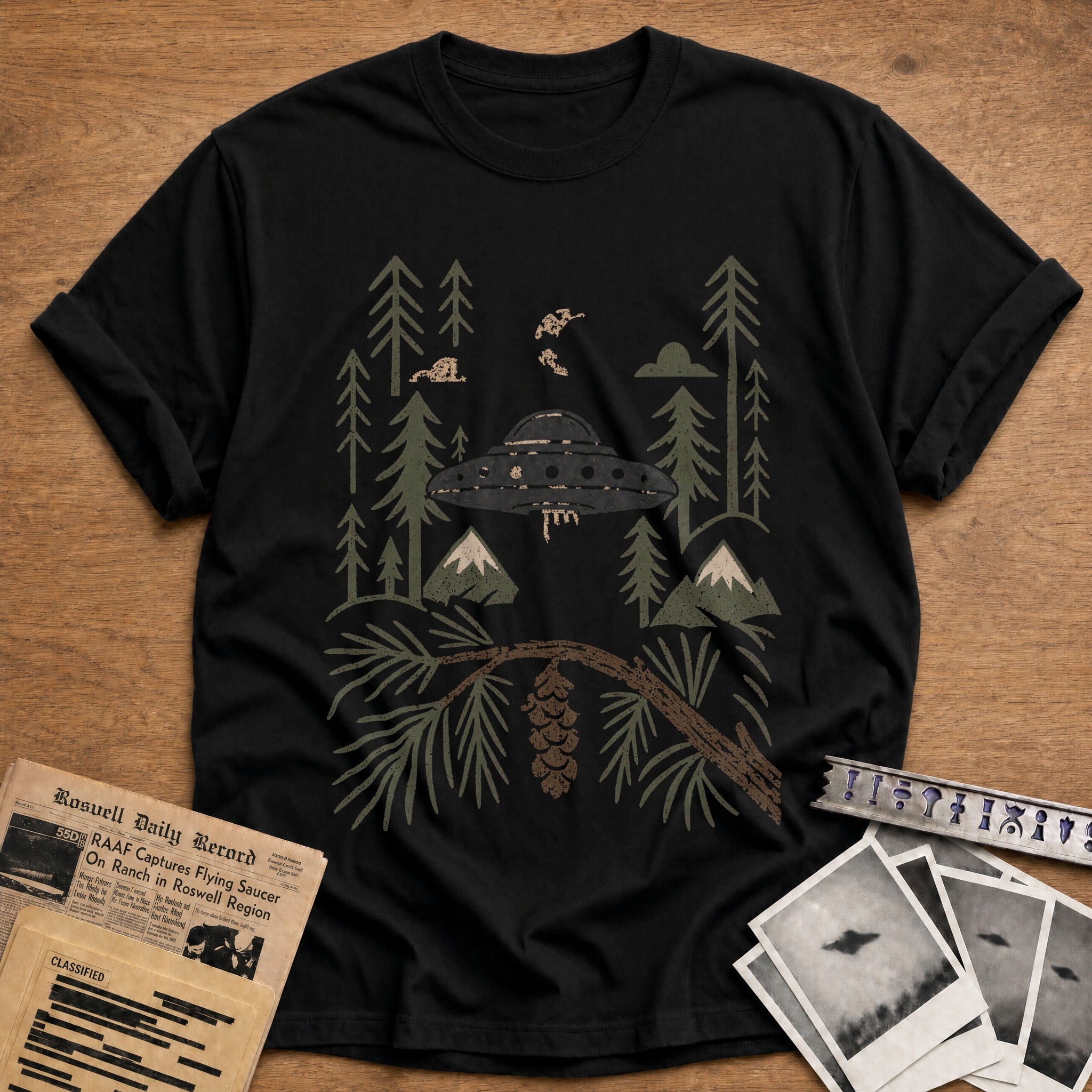 ufo alien abduction forest vintage - Black