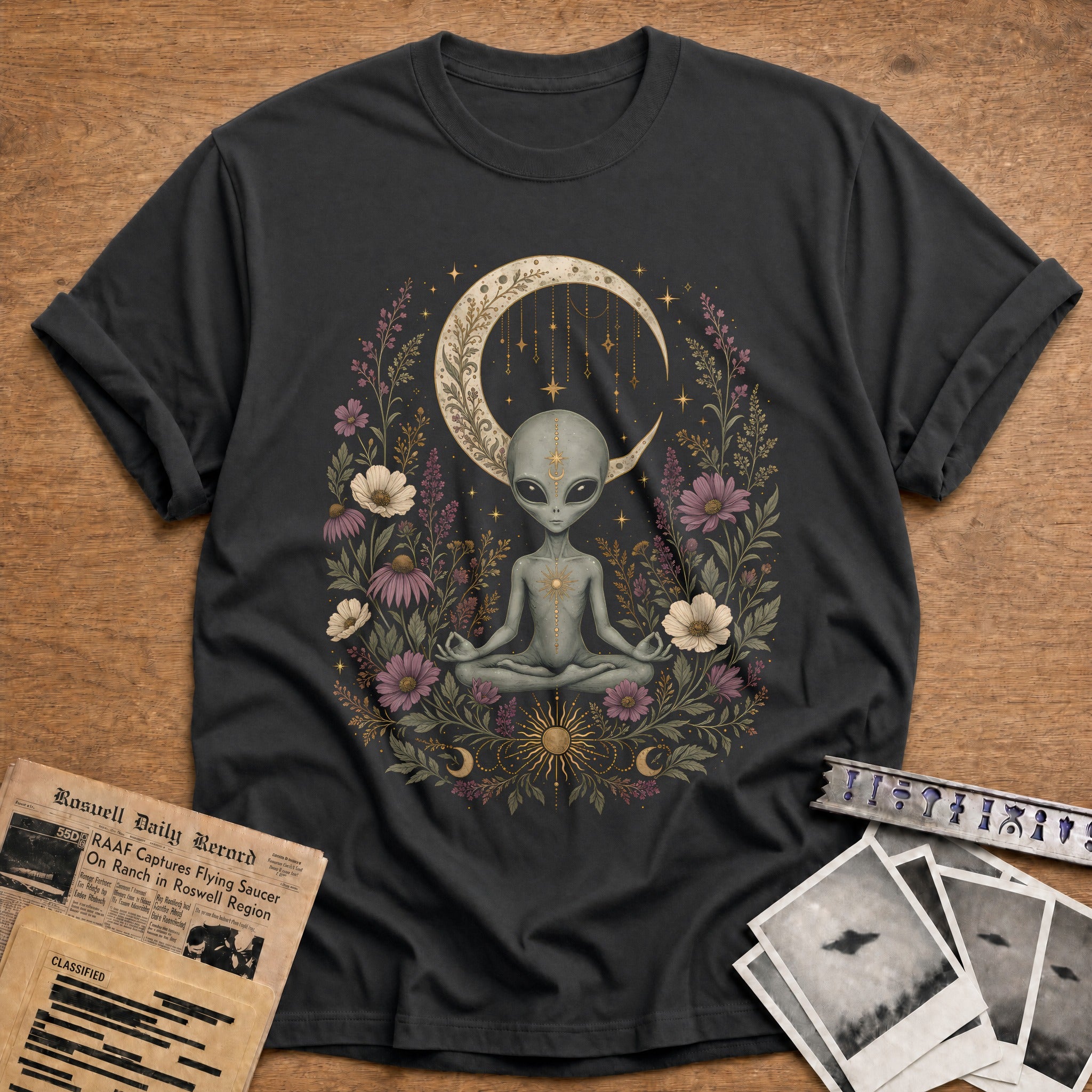 Alien Meditating Crescent 86 T-Shirt - Charcoal
