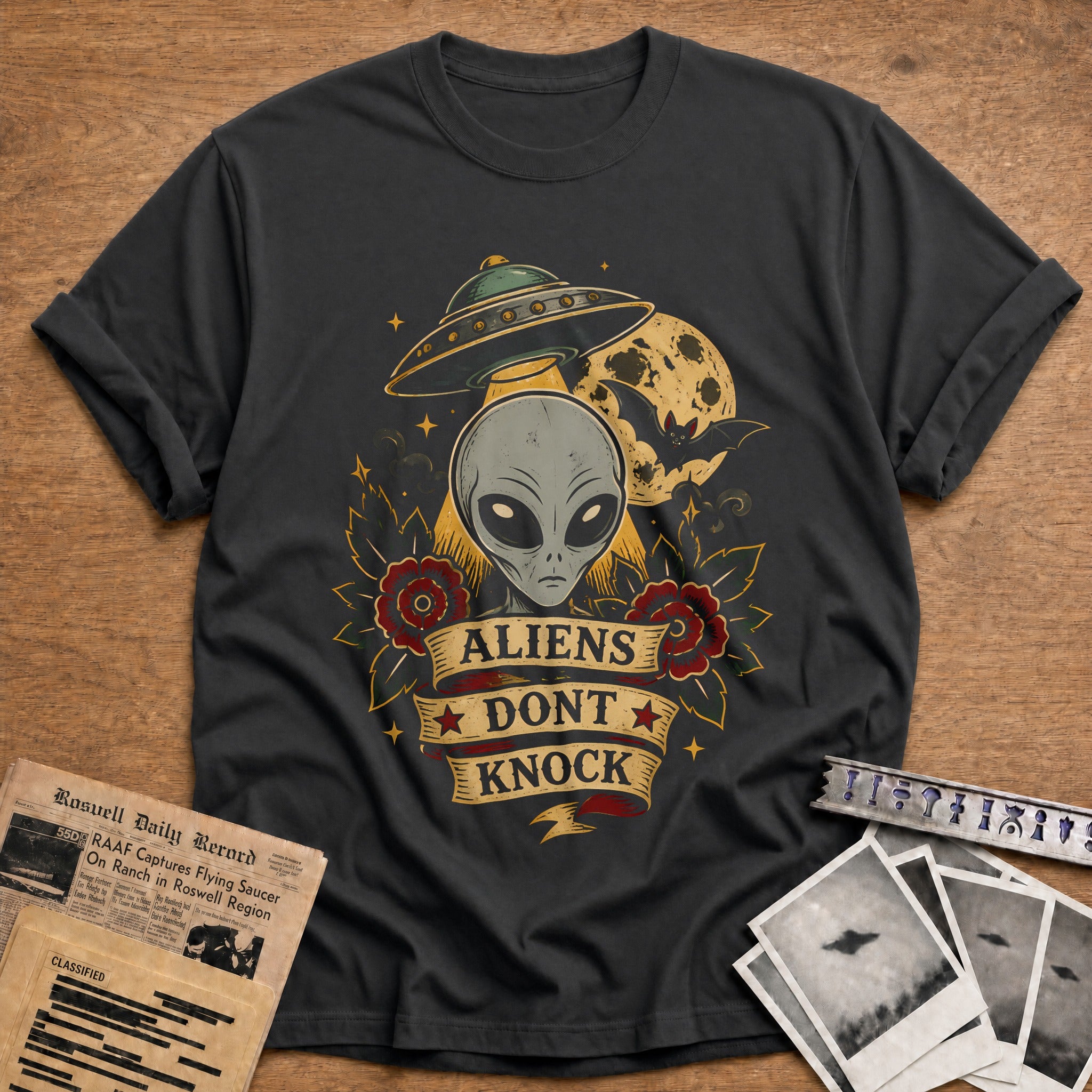 Aliens Dont Knock Tattoo 48 T-Shirt - Charcoal