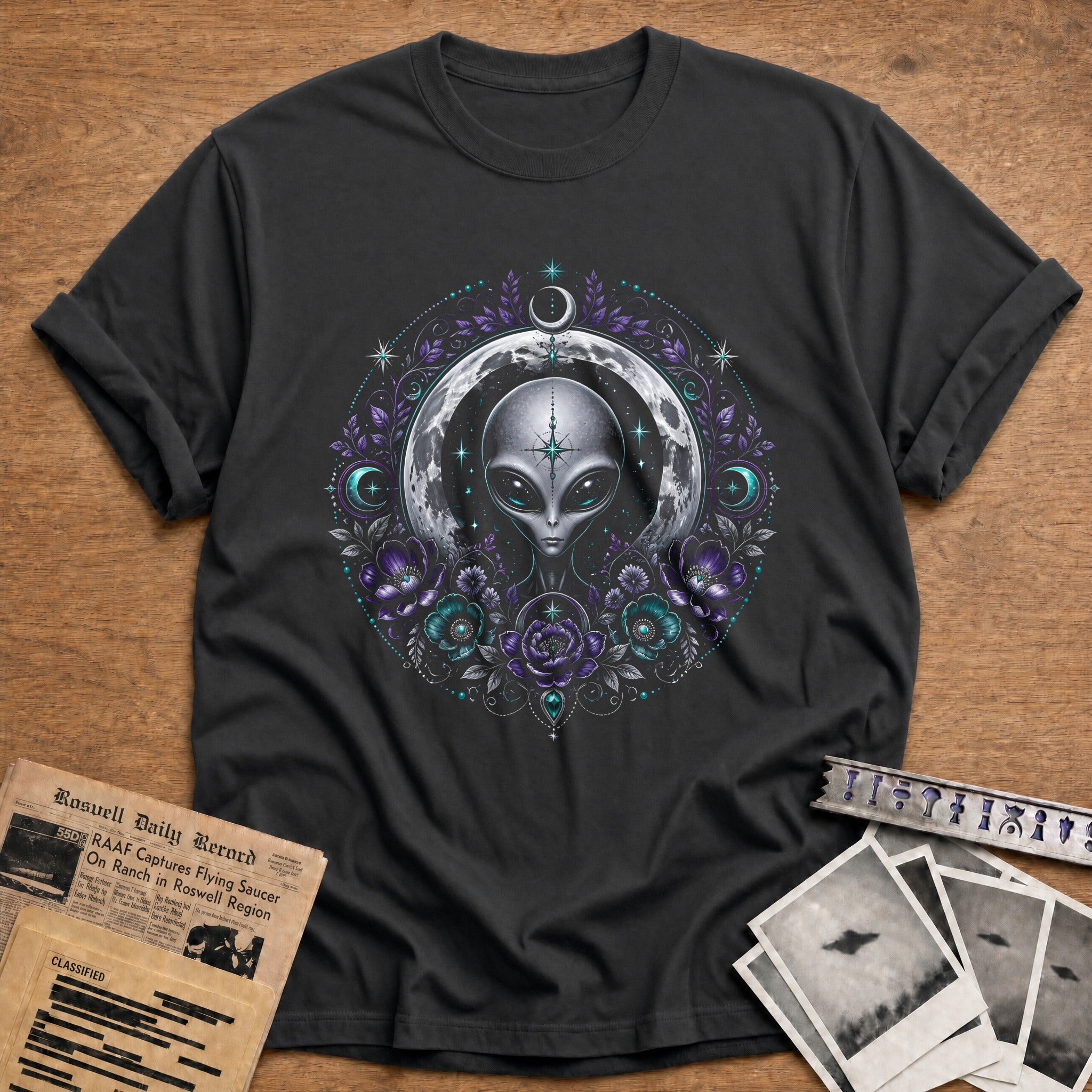 Celestial Alien Moon Purple 79 T-Shirt - Charcoal