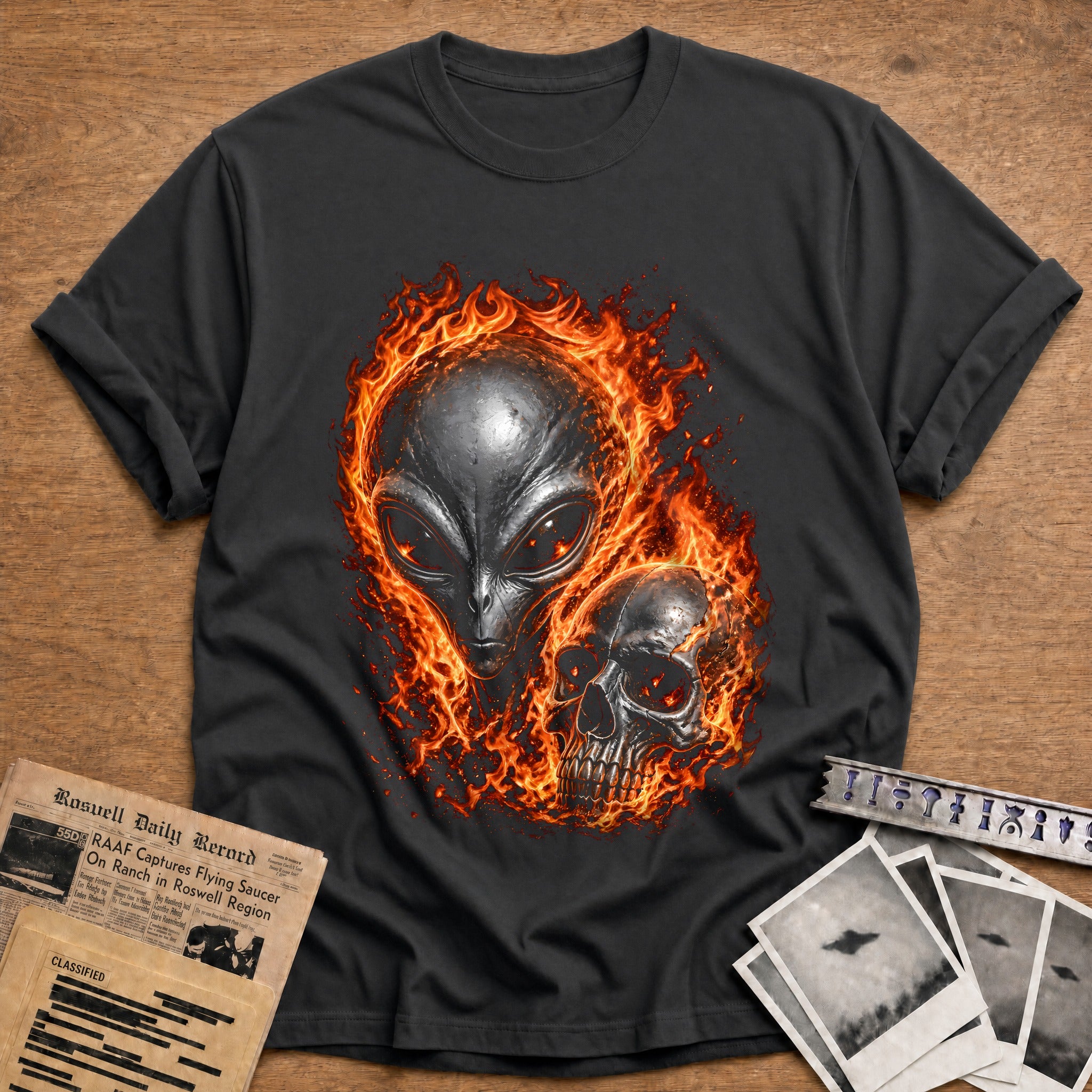 Flaming Alien Skull 81 - Charcoal