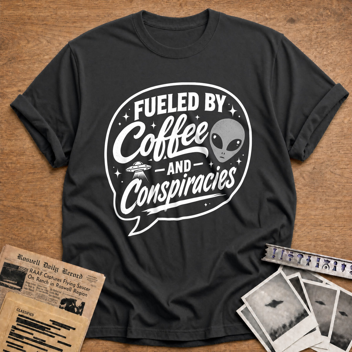 Fueled By Coffee And Conspiracies 35 T-Shirt - Charcoal