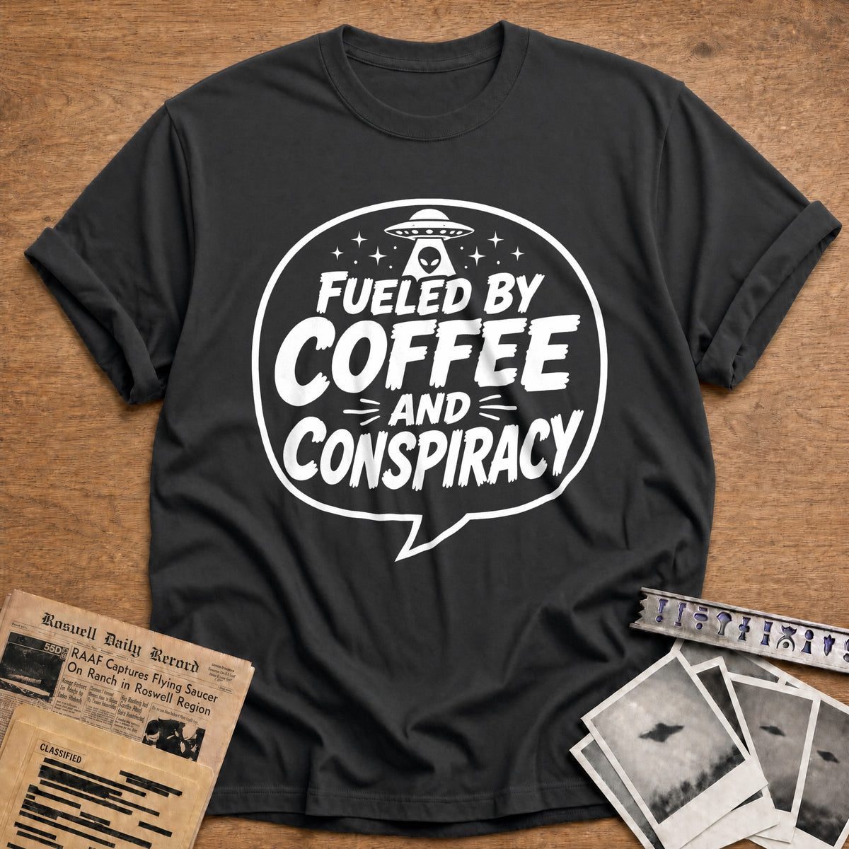 Fueled By Coffee And Conspiracy 10 T-Shirt - Charcoal