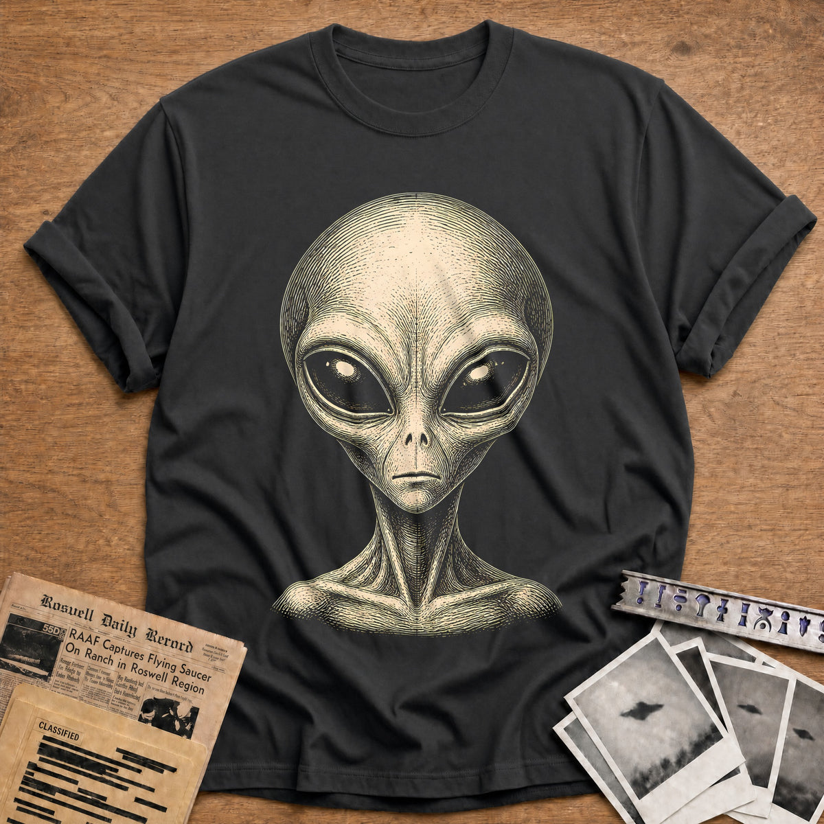Grey Alien Woodcut 35 T-Shirt - Charcoal