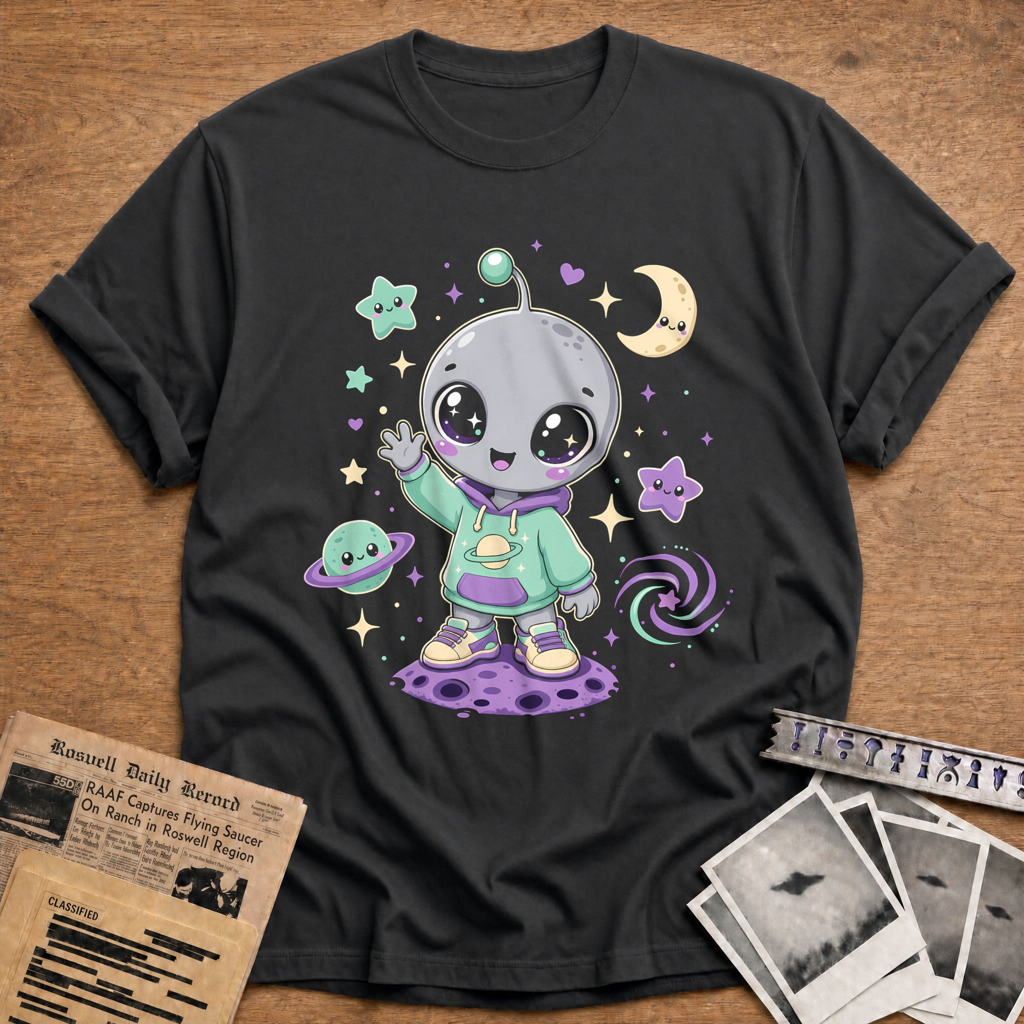 Kawaii Grey Alien 55 T-Shirt - Charcoal