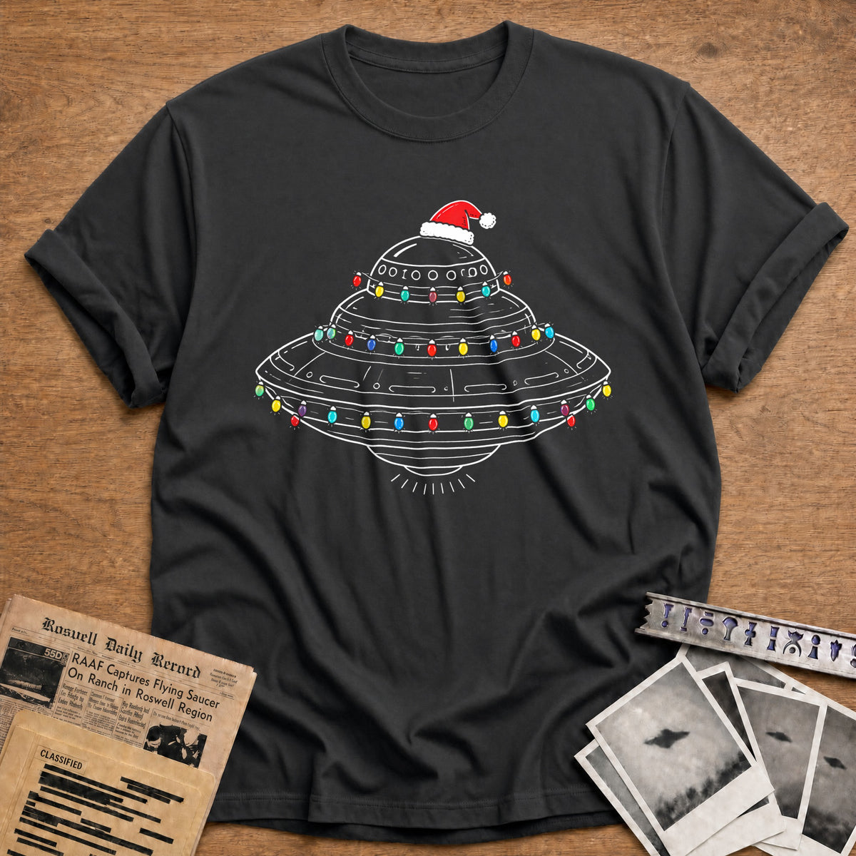 Mothership UFO Christmas Lights 54 T-Shirt - Charcoal