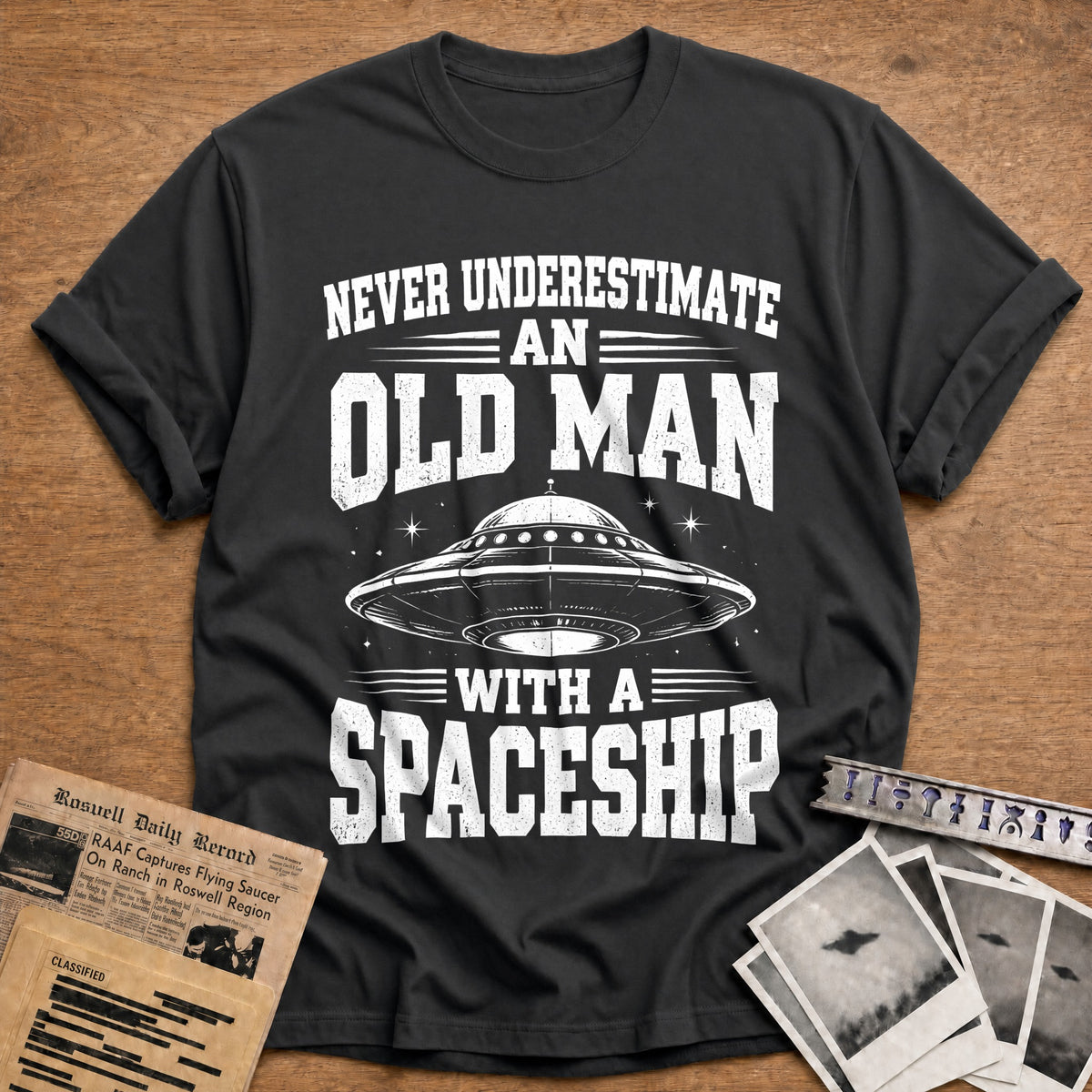 Never Underestimate An Old Man With A Spaceship 83 T-Shirt - Charcoal