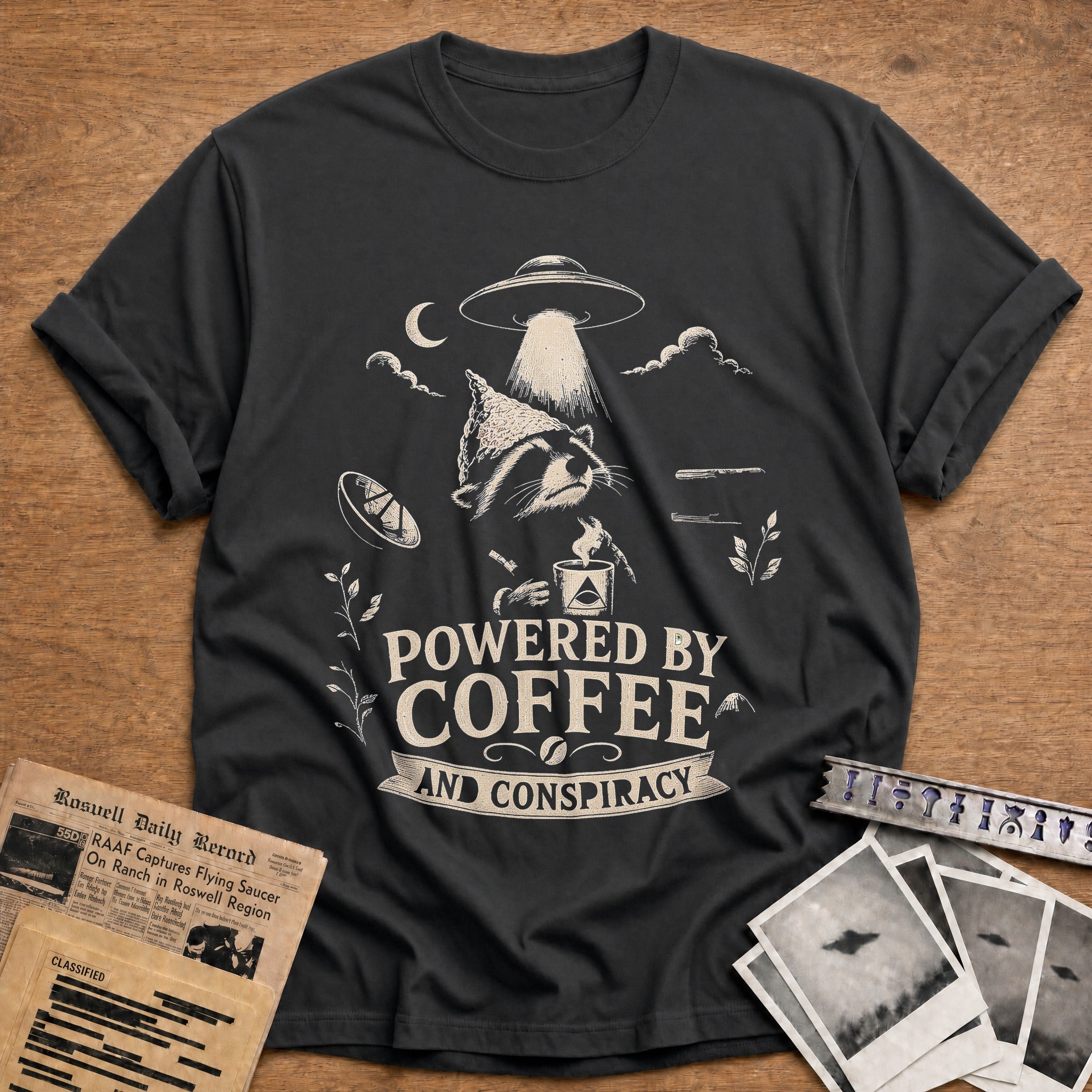 Powered By Coffee And Conspiracy - Charcoal
