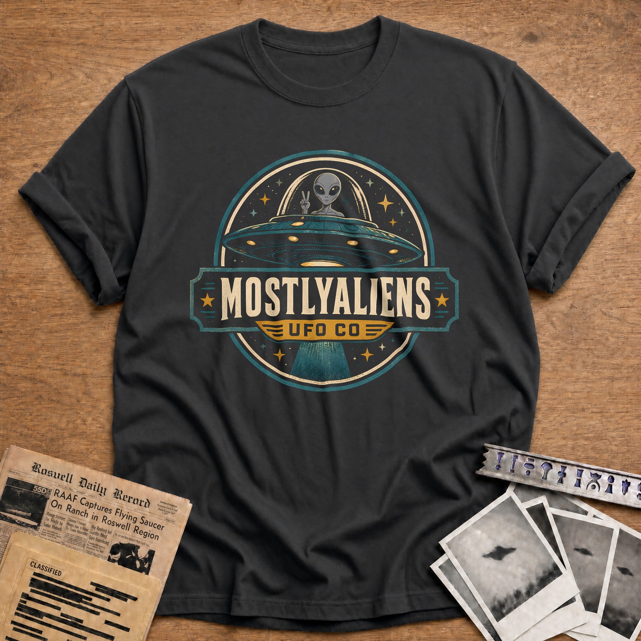 Retro Ufo Badge Teal 21 T-Shirt - Charcoal