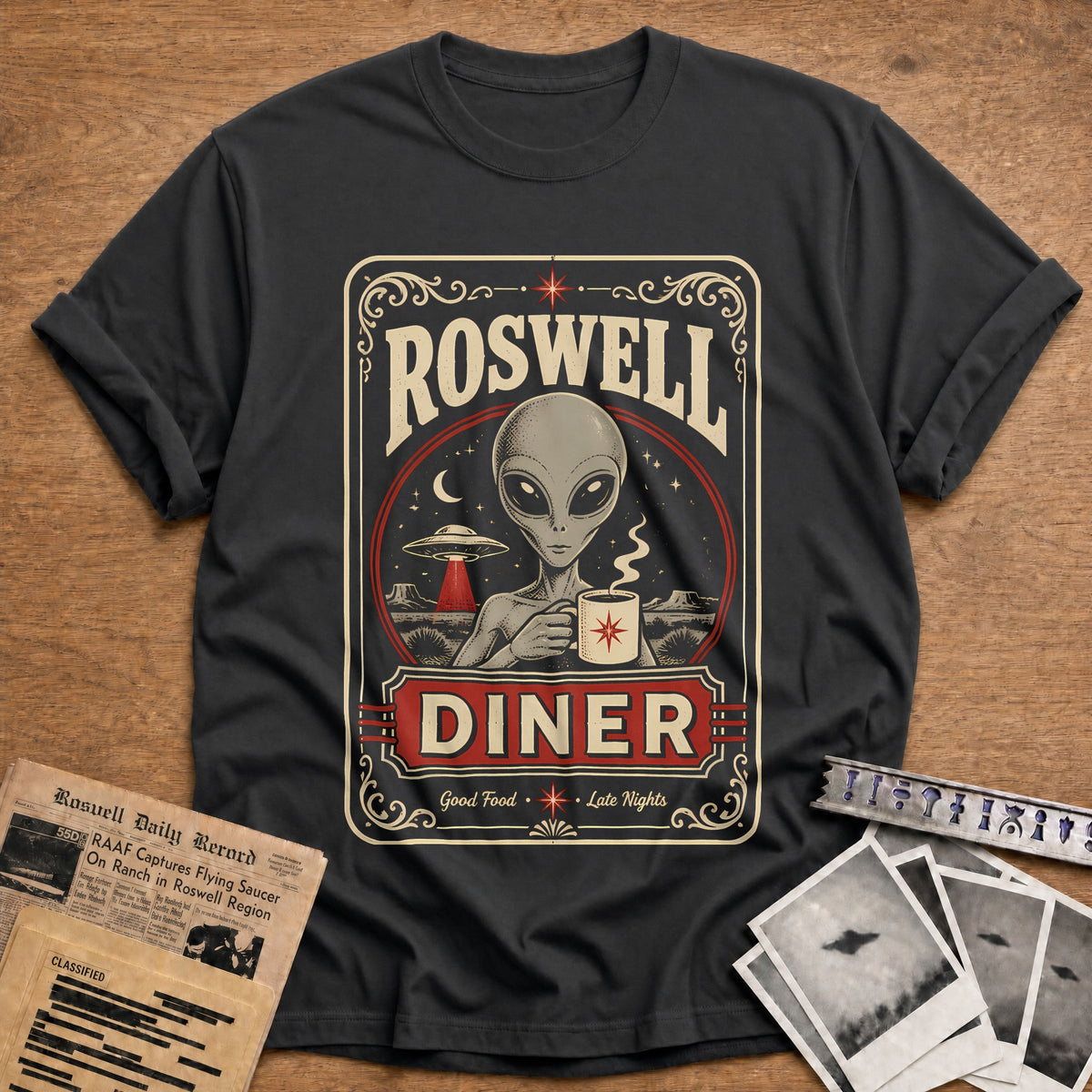 Roswell Diner Matchbook 38 T-Shirt - Charcoal