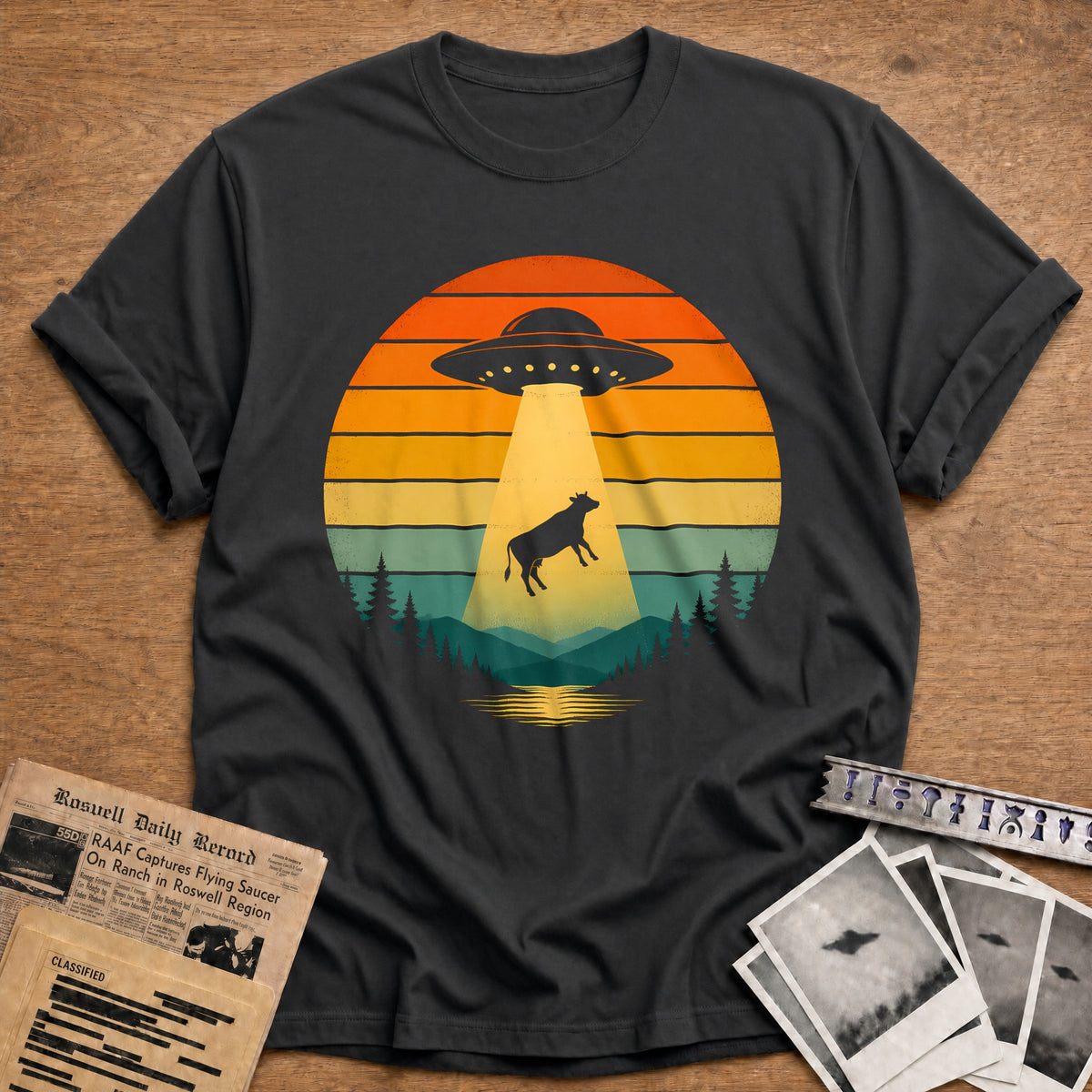 Sunset Cow Abduction 26 T-Shirt - Charcoal