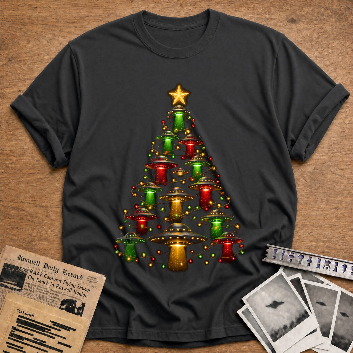 Ufo Beams Lights Tree 82 T-Shirt - Charcoal