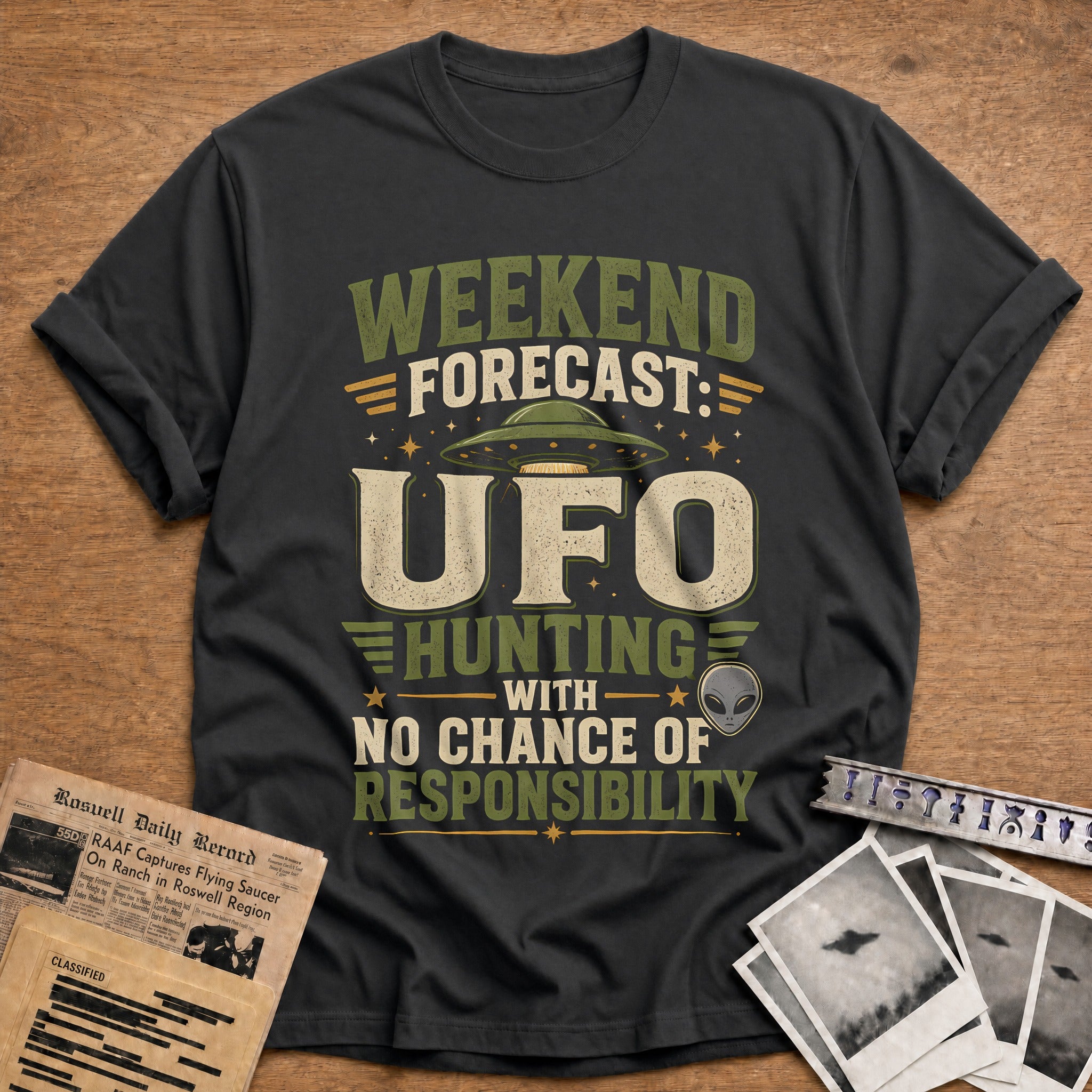 Weekend Forecast Ufo Hunting With No Chance Of Responsibilit 38 T-Shirt - Charcoal