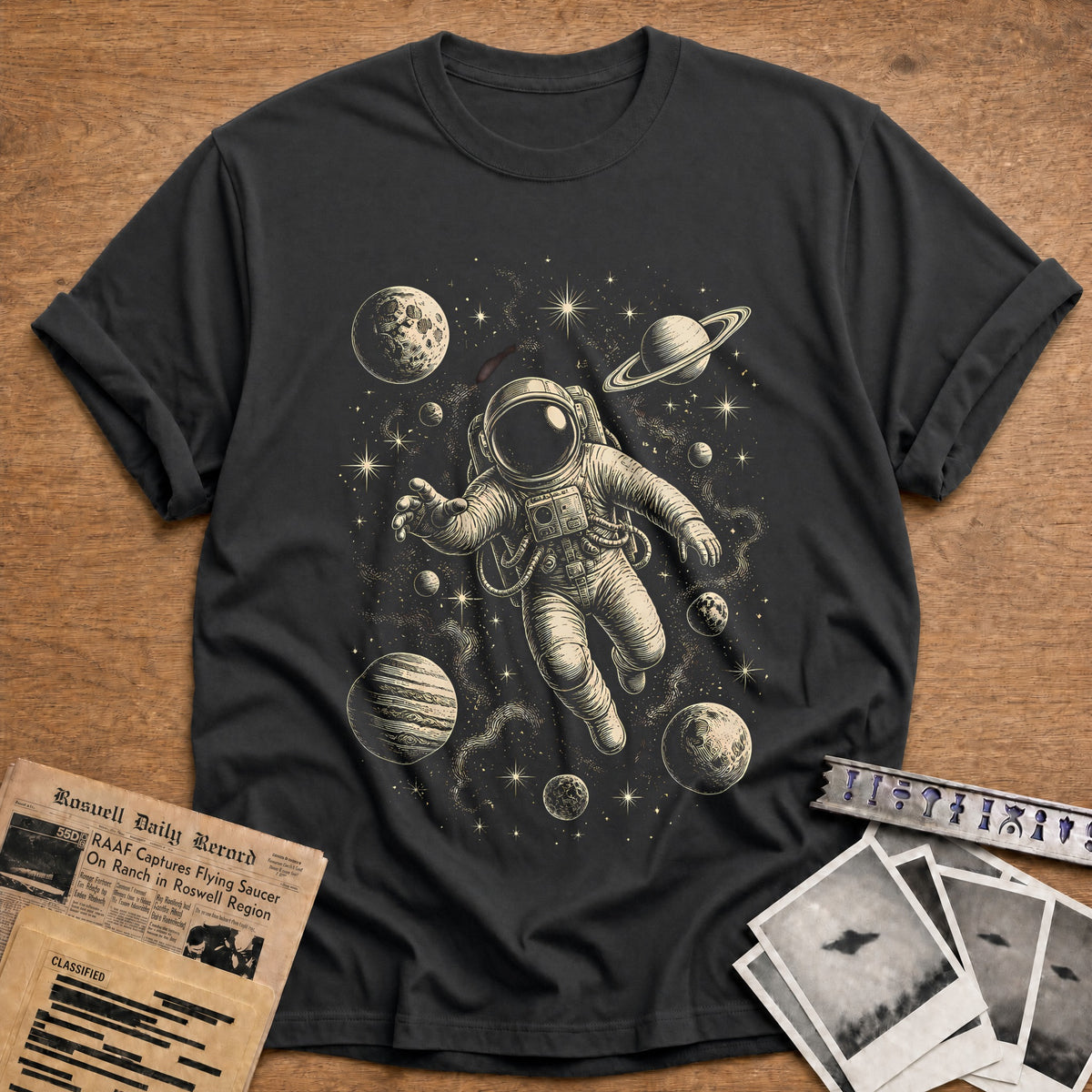 Woodcut Astronaut 26 T-Shirt - Charcoal