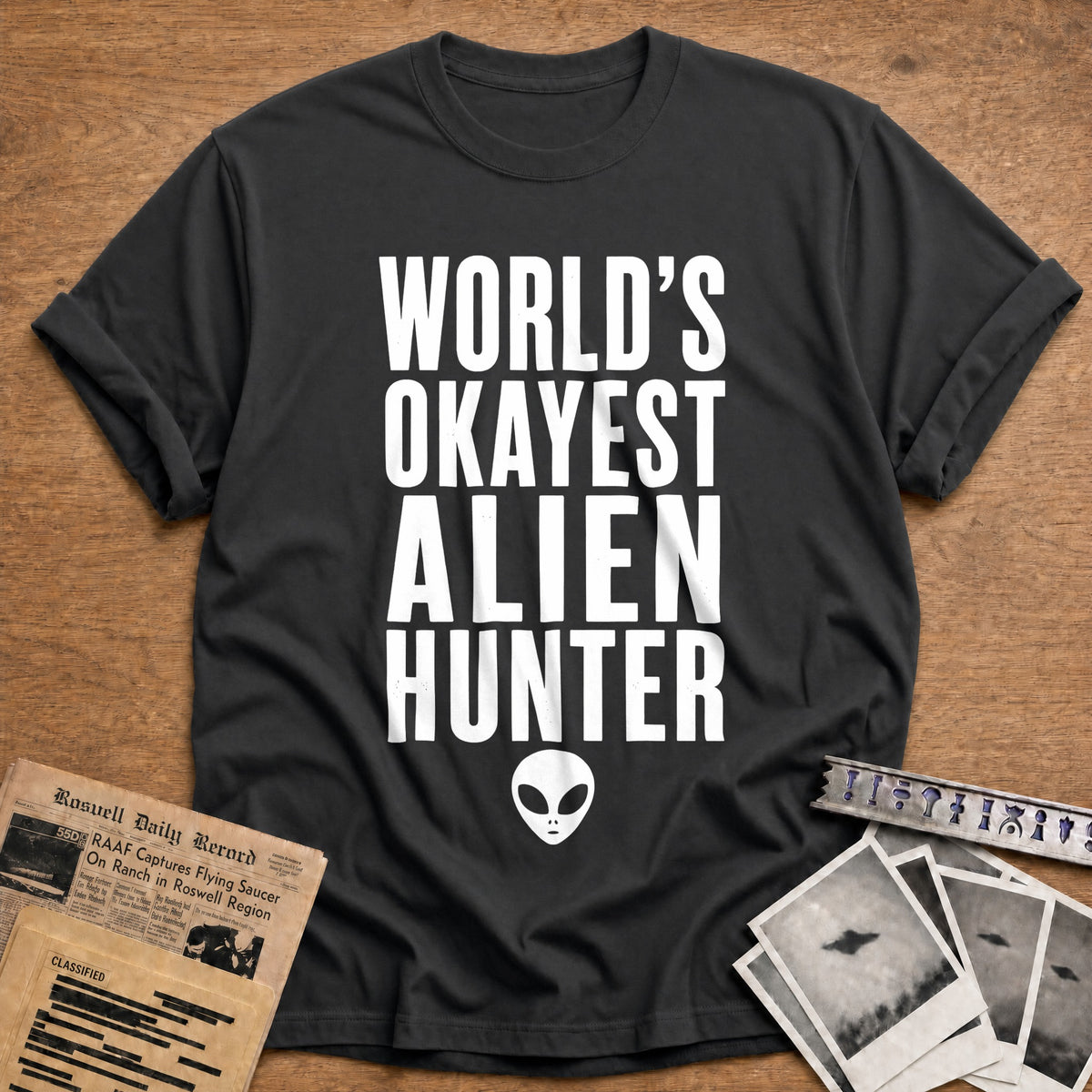 Worlds Okayest Alien Hunter 93 T-Shirt - Charcoal