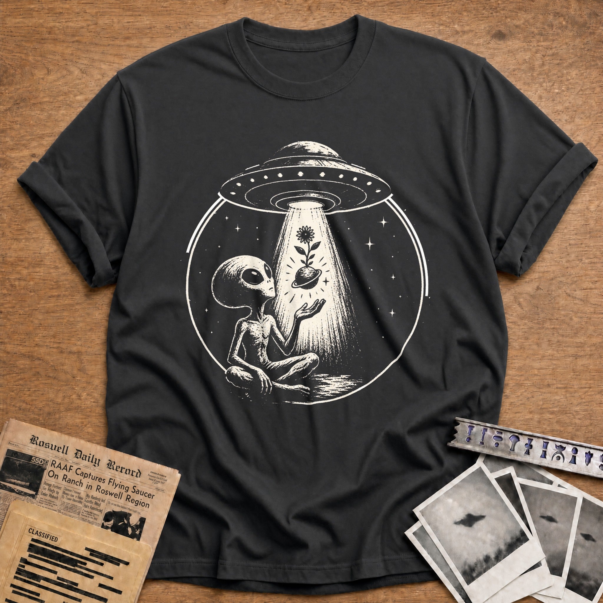 alien abduct flower planet space meme - Charcoal