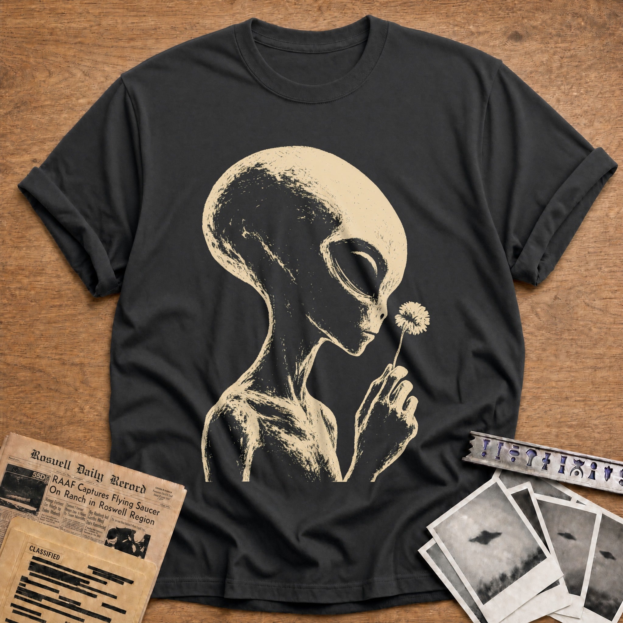 alien holding daisy extraterrestrial vintage - Charcoal