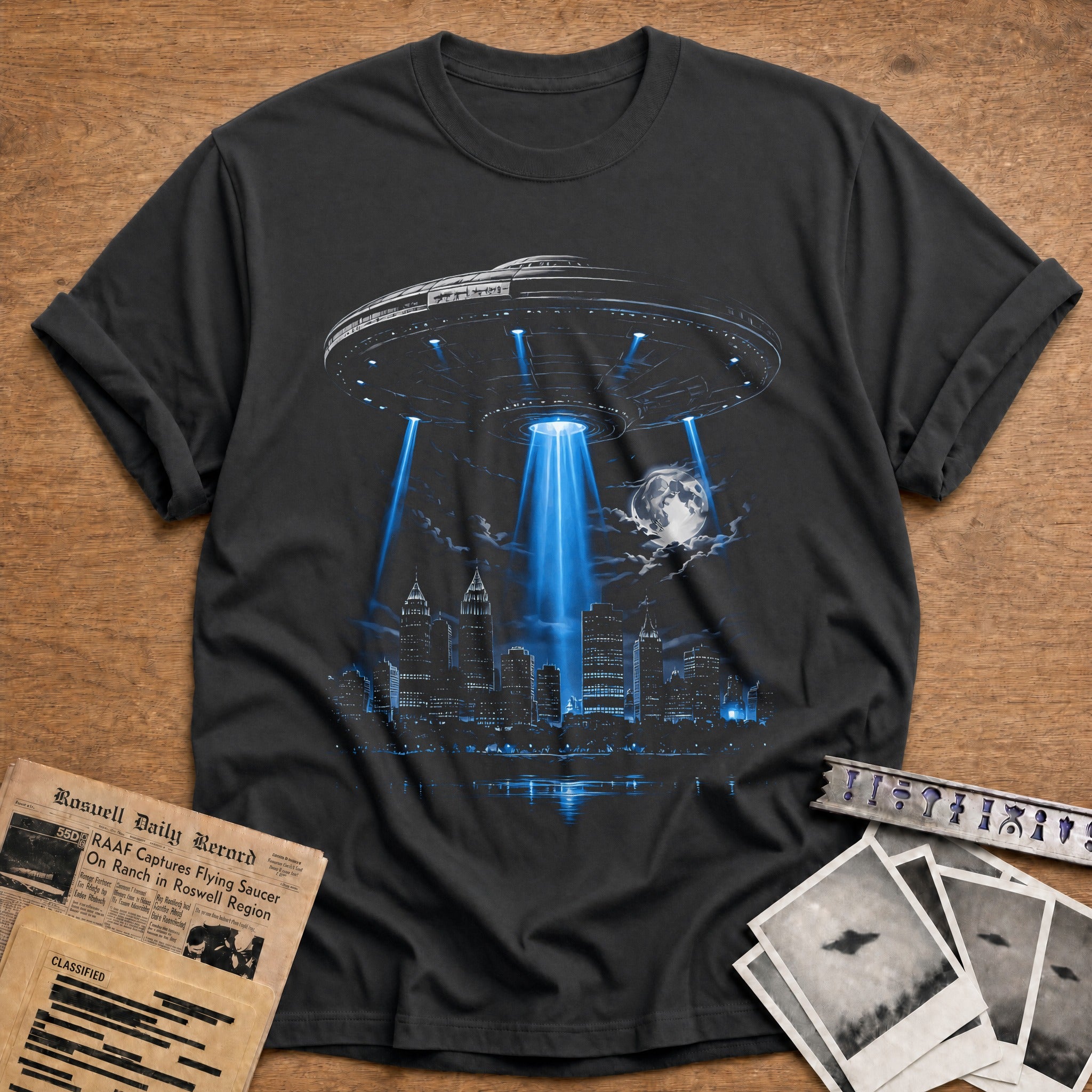 ufo abduction city skyline funny - Charcoal