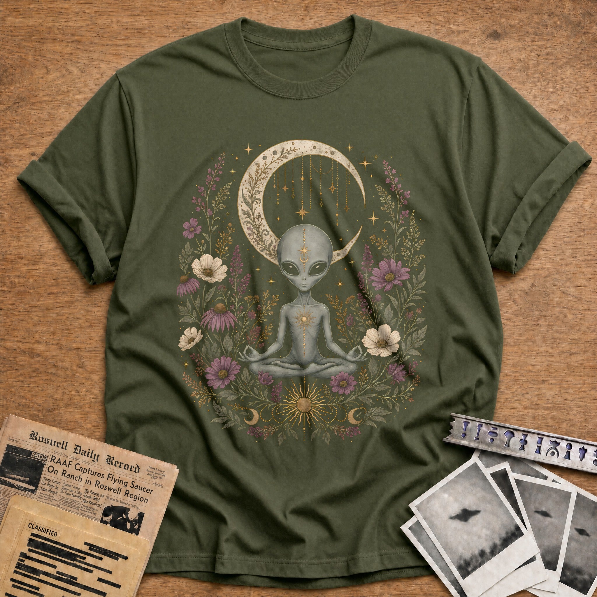 Alien Meditating Crescent 86 T-Shirt - Military Green