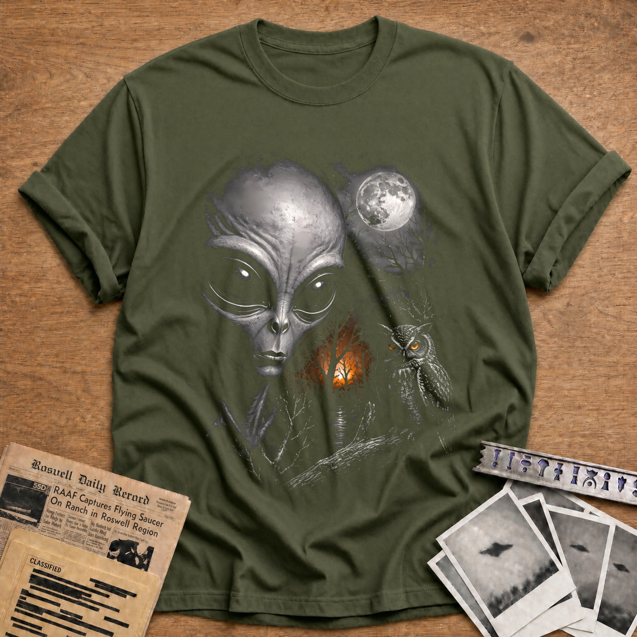 Alien Owl Autumn Trees 17 - Military Green