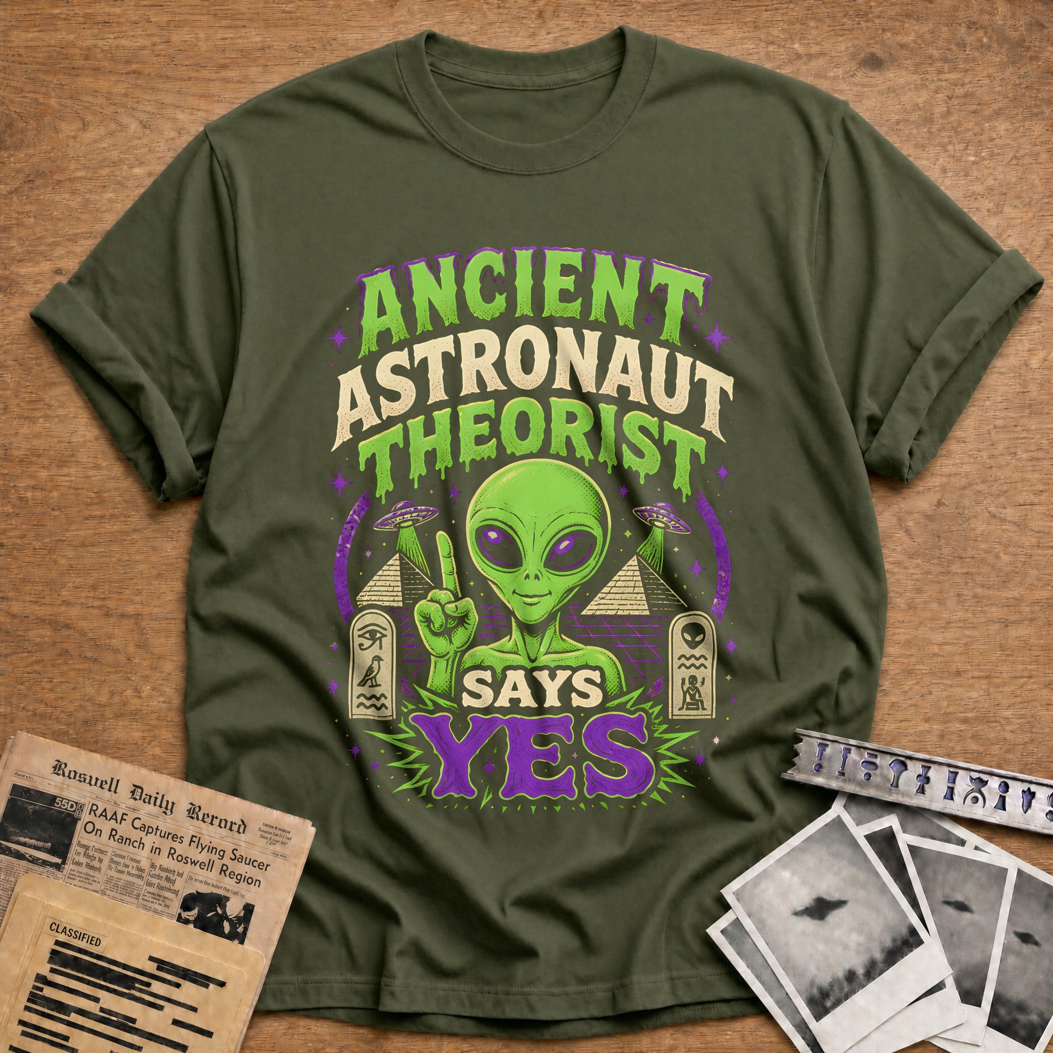 Ancient Astronaut Theorist (2) 80 T-Shirt - Military Green