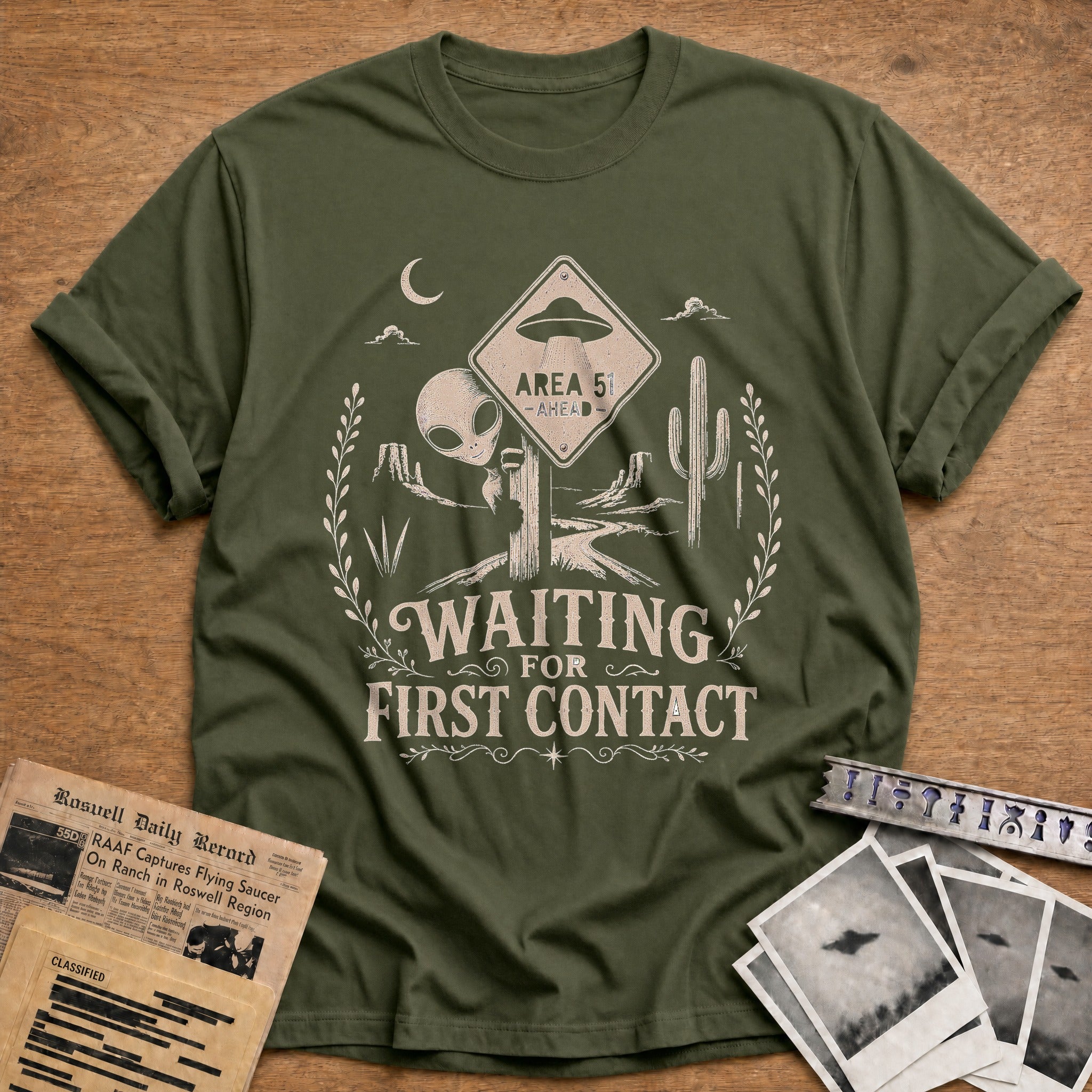 Area 51 Ahead Waiting For First Contact - Military Green