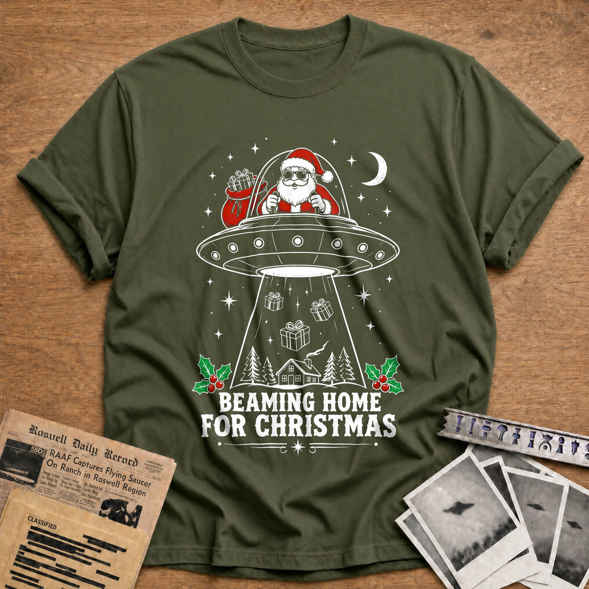 Beaming Home For Christmas 34 T-Shirt - Military Green