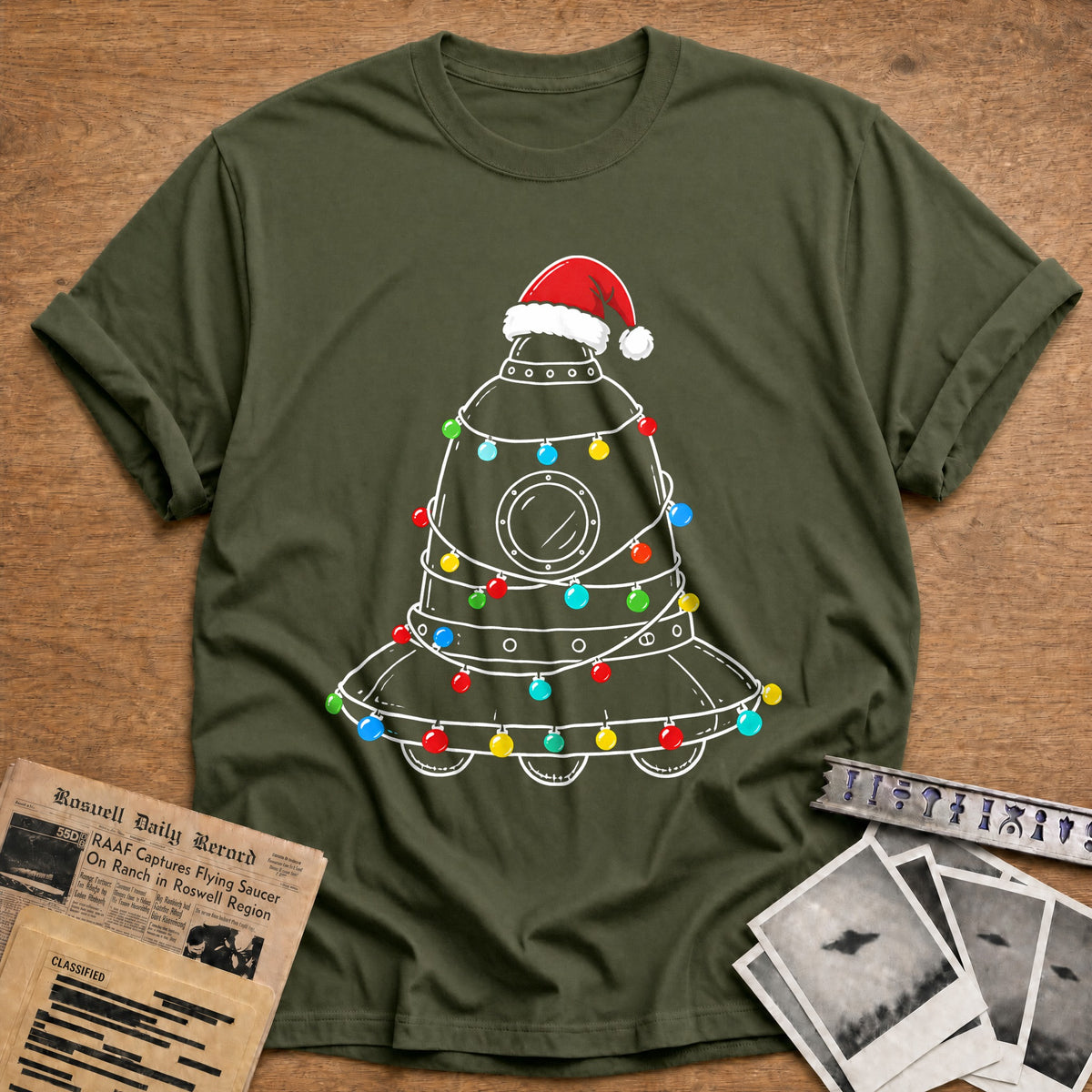 Bell UFO Christmas Lights 36 T-Shirt - Military Green