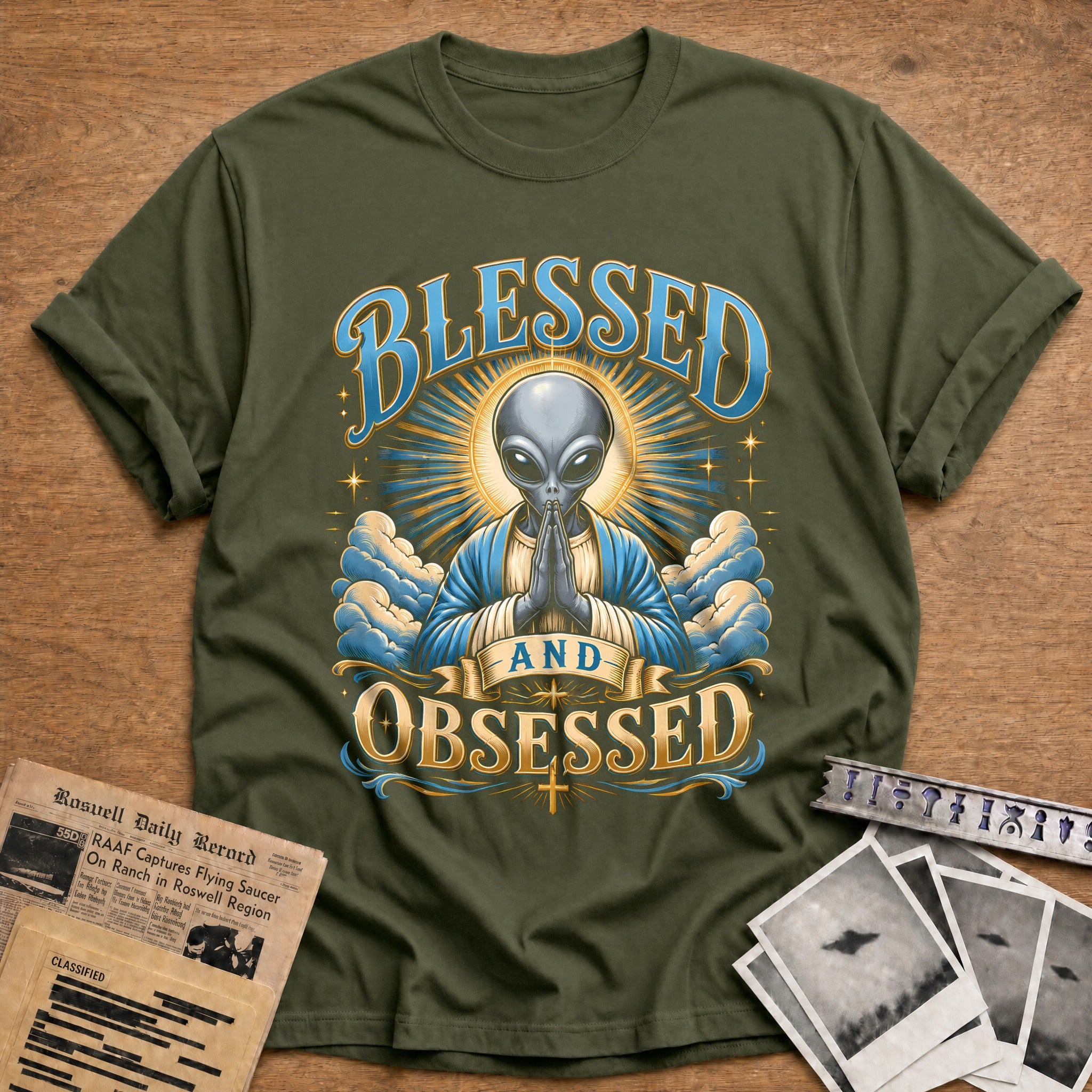 Blessed Obsessed Alien Blue 62 T-Shirt - Military Green