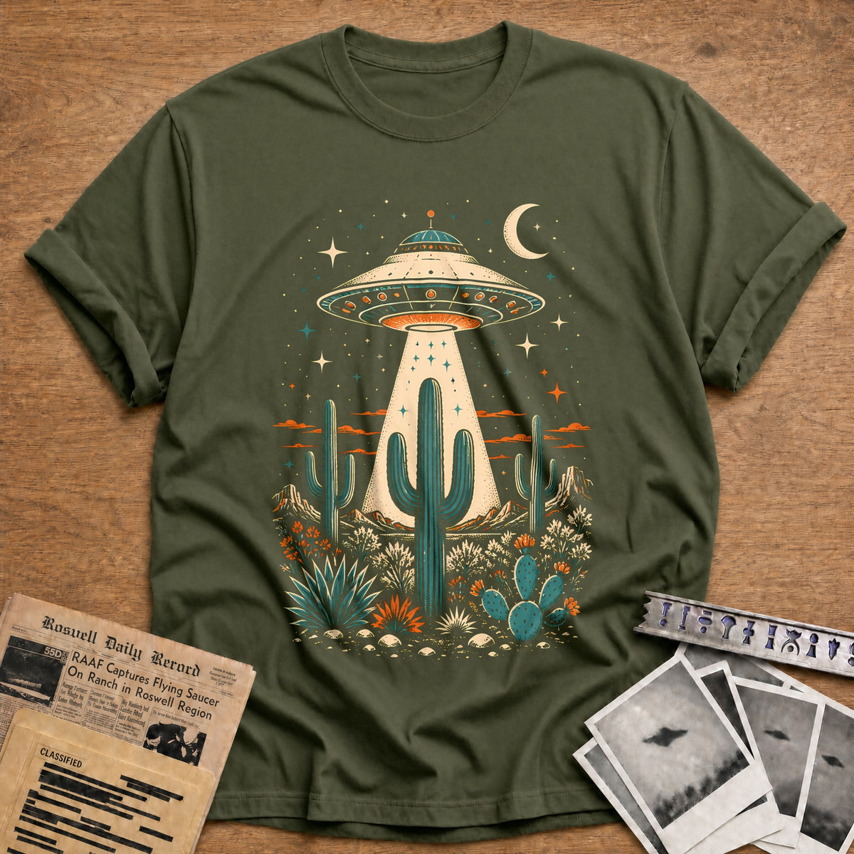 Boho UFO Cactus 45 T-Shirt - Military Green