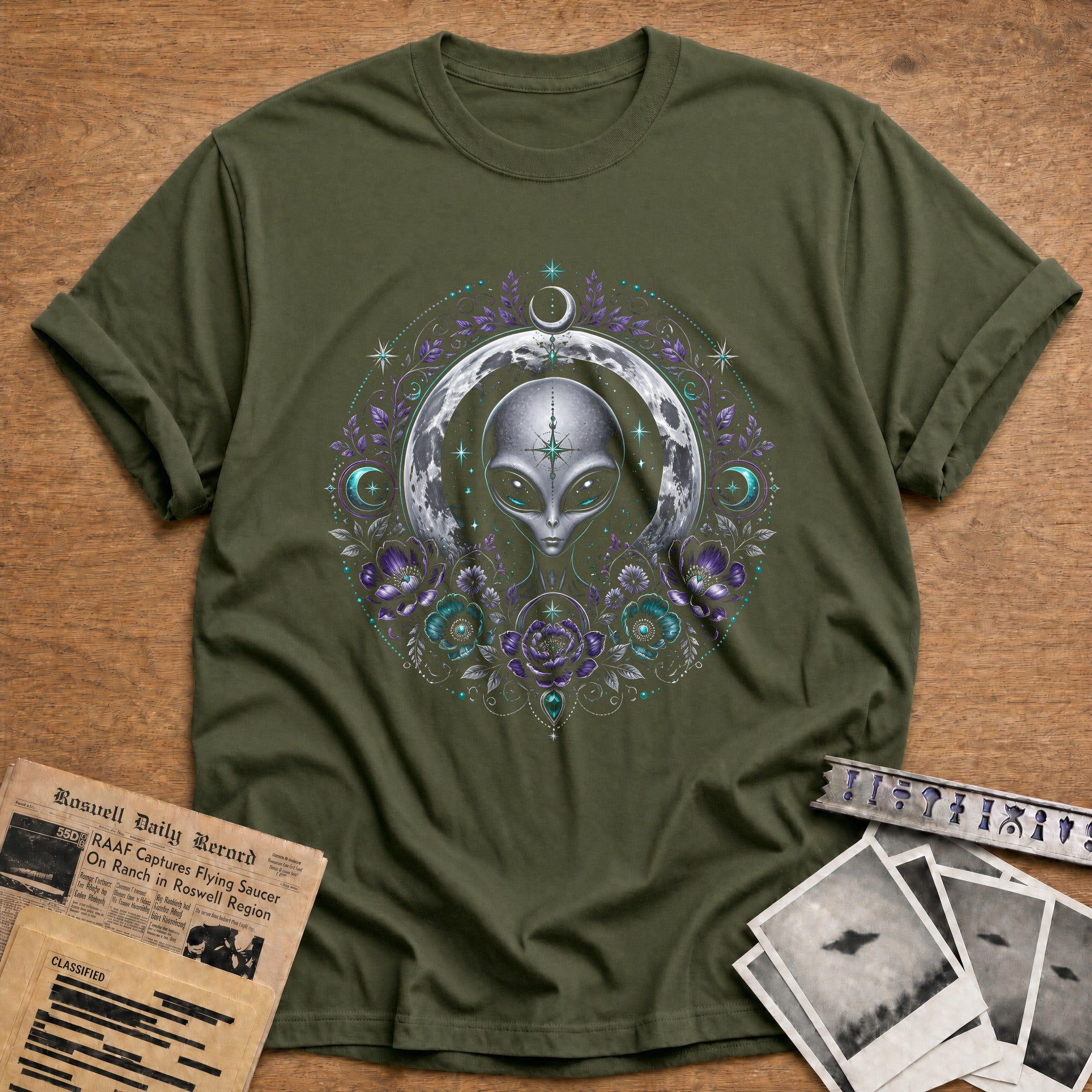 Celestial Alien Moon Purple 79 T-Shirt - Military Green