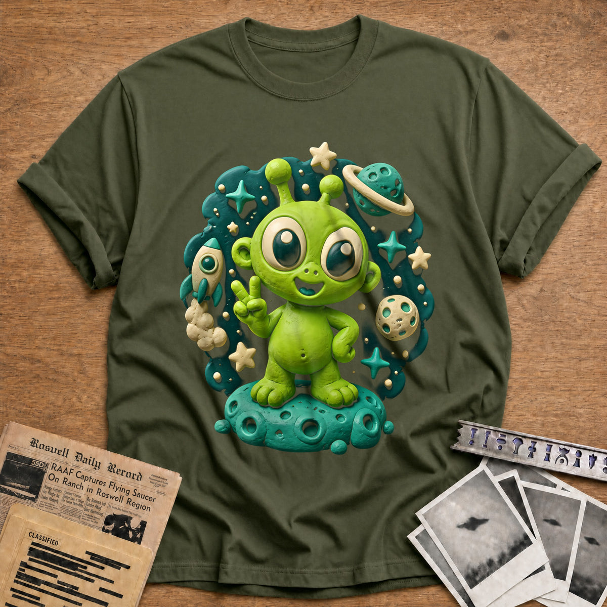 Claymation Alien 45 T-Shirt - Military Green