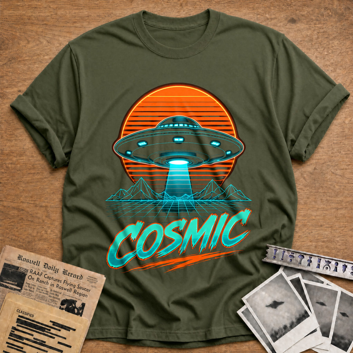 Cosmic Synthwave 69 T-Shirt - Military Green