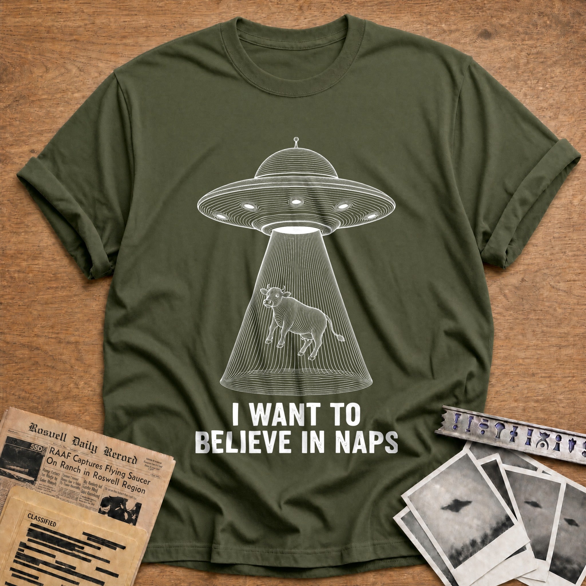 Cow Abduction T-Shirt - Military Green