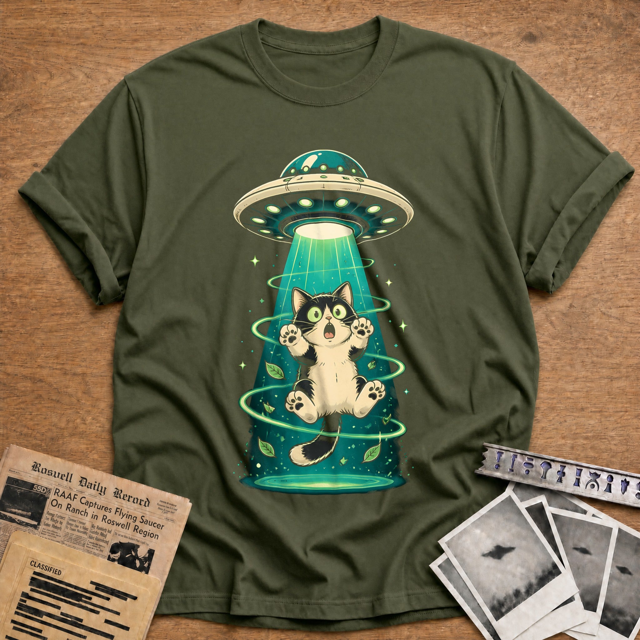 Feline Abduction T-Shirt - Military Green