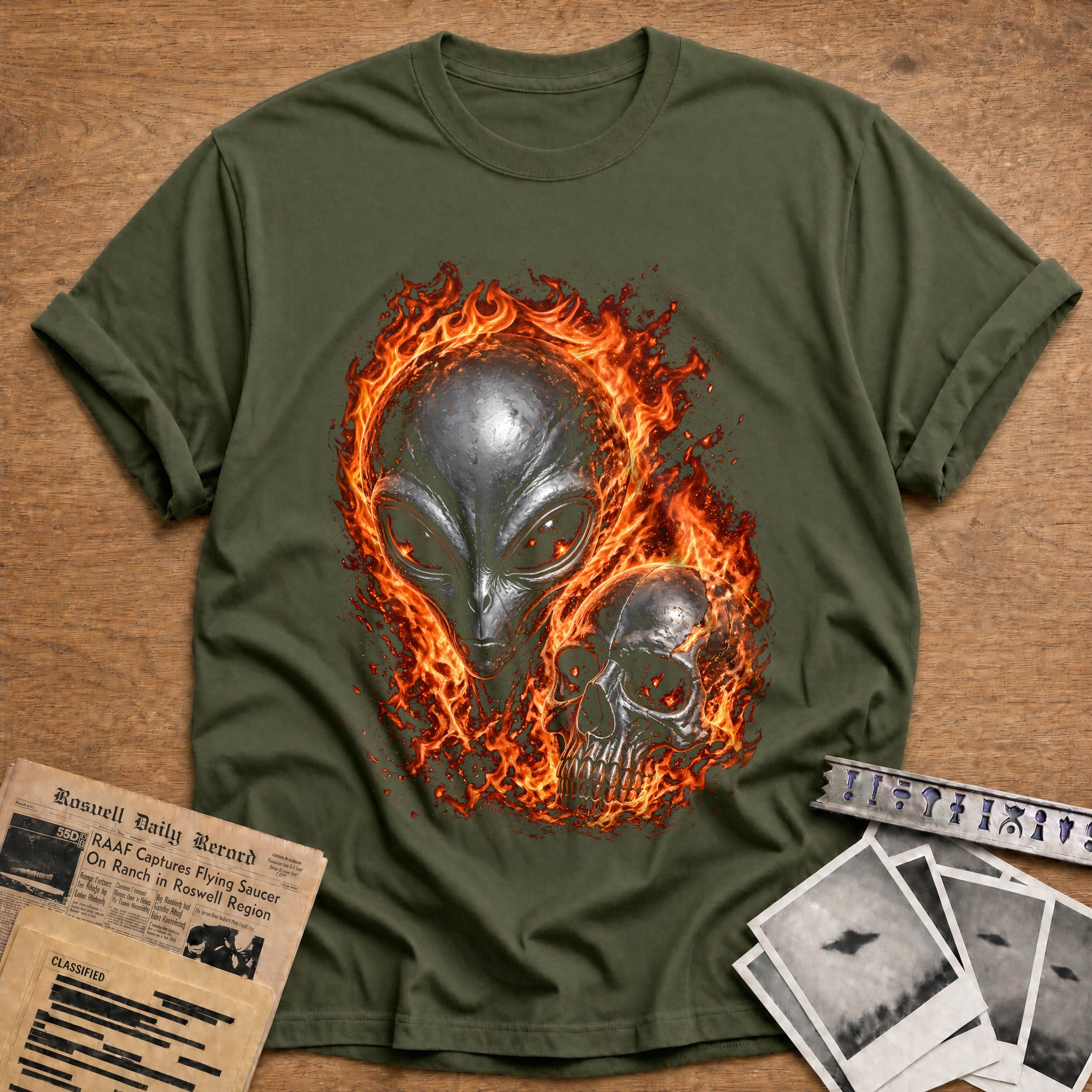 Flaming Alien Skull 81 - Military Green