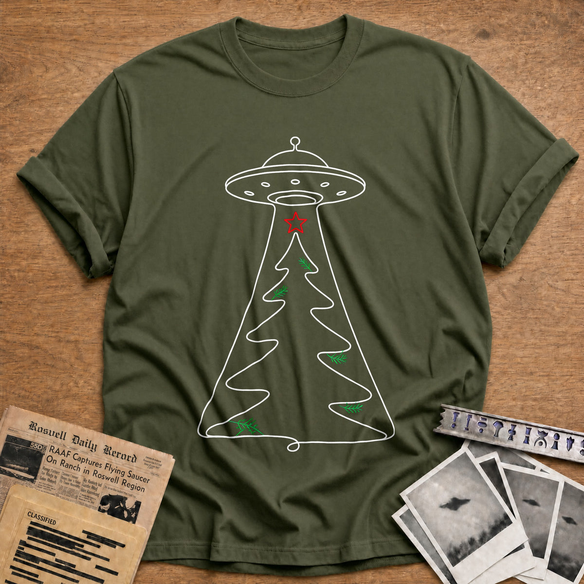 Minimal Line Ufo Tree 46 T-Shirt - Military Green