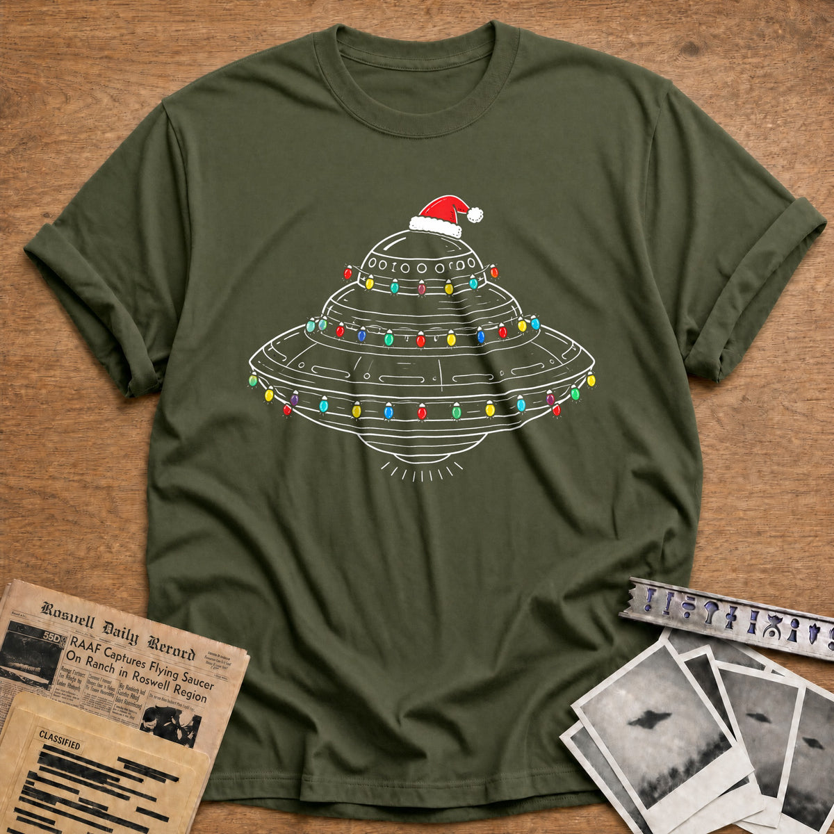 Mothership UFO Christmas Lights 54 T-Shirt - Military Green